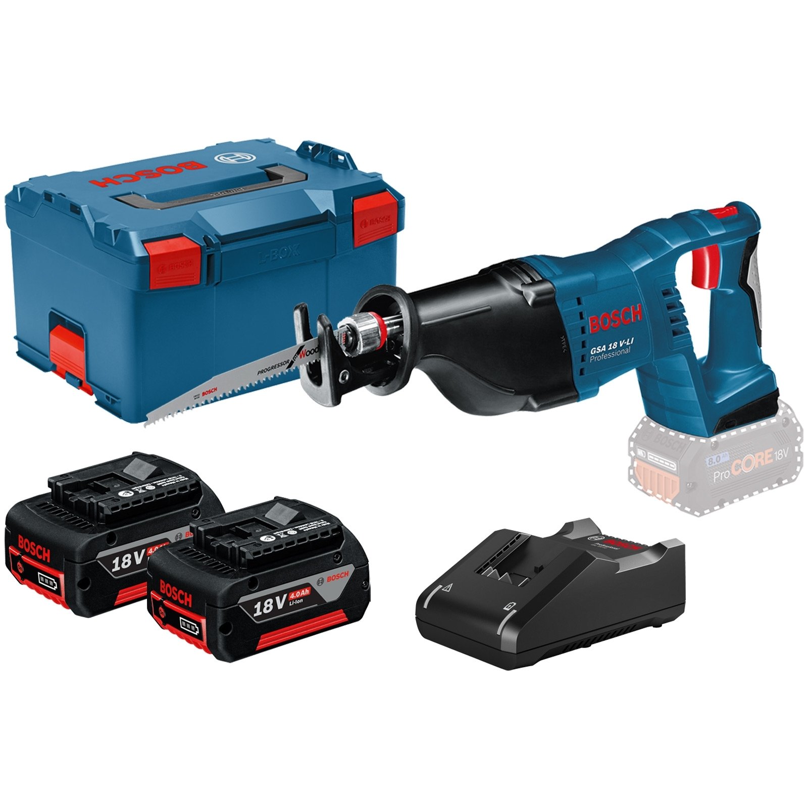 Bosch Akku-Säbelsäge GSA 18V-LI / 2x 4,0 Ah Akku + Ladegerät inkl. Zubehör-Set in L-Boxx