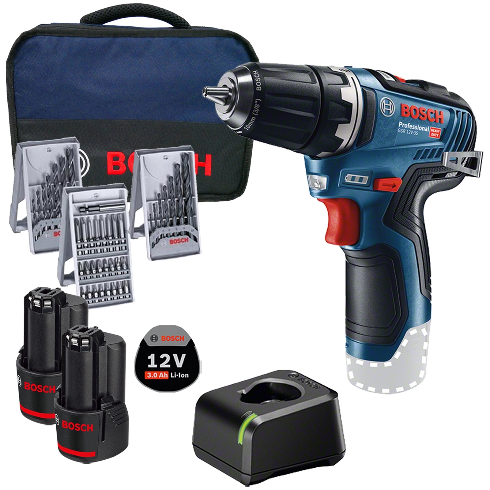 Bosch Akku-Bohrschrauber GSR 12V-35 12 V / 2x 3,0 Ah Akku + Ladegerät im Softbag inkl. Zubehör