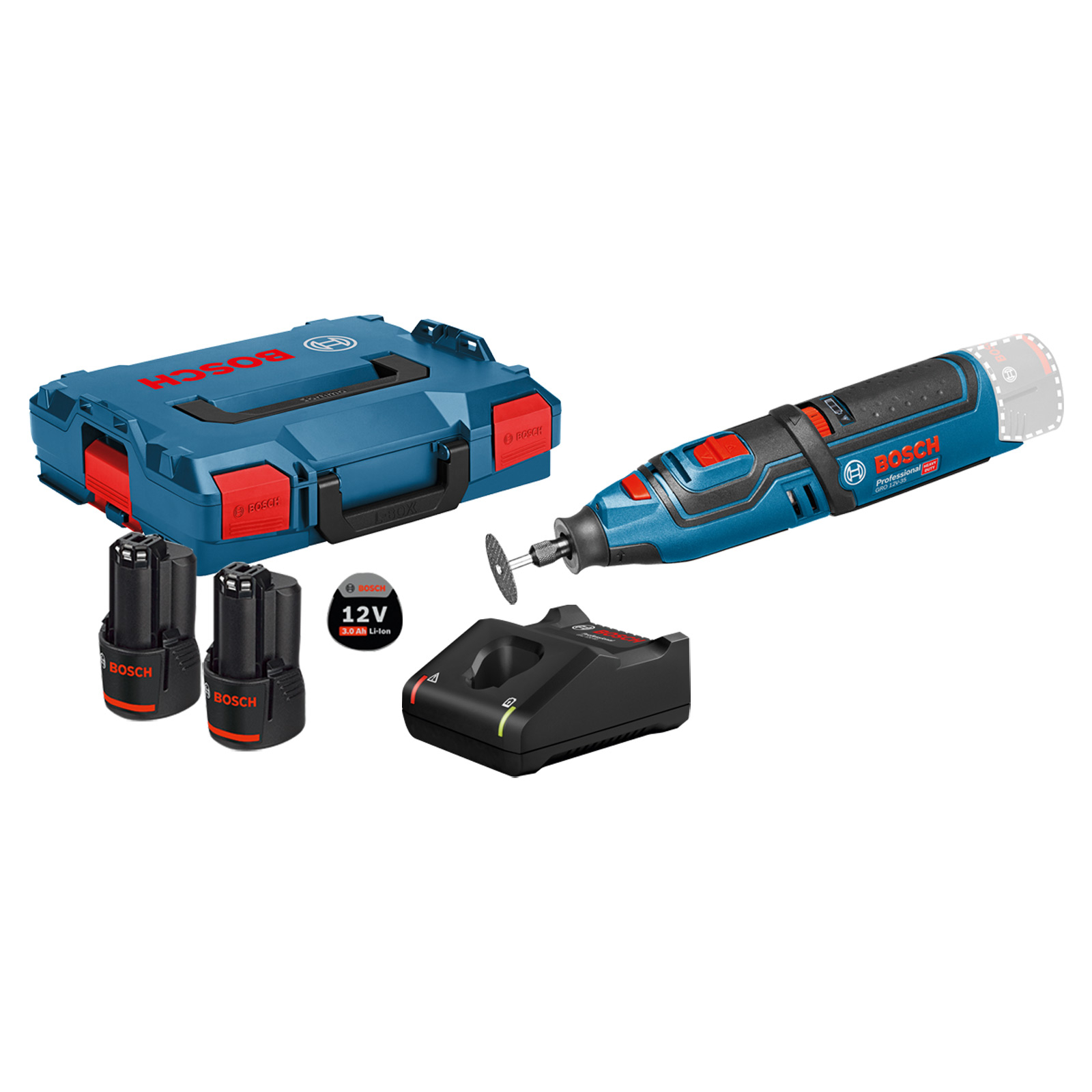 Bosch Akku-Rotationswerkzeug GRO 12V-35 / 2x 3,0 Ah Akku + Ladegerät in L-Boxx