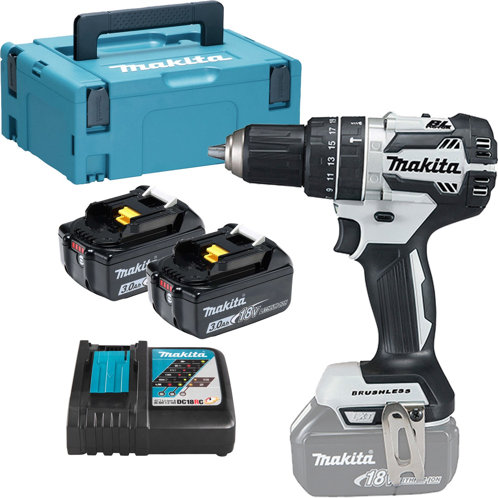 Makita DHP484RFJW Akku-Schlagbohrschrauber 18 V / 2x 3,0 Ah Akku + Ladegerät im MAKPAC