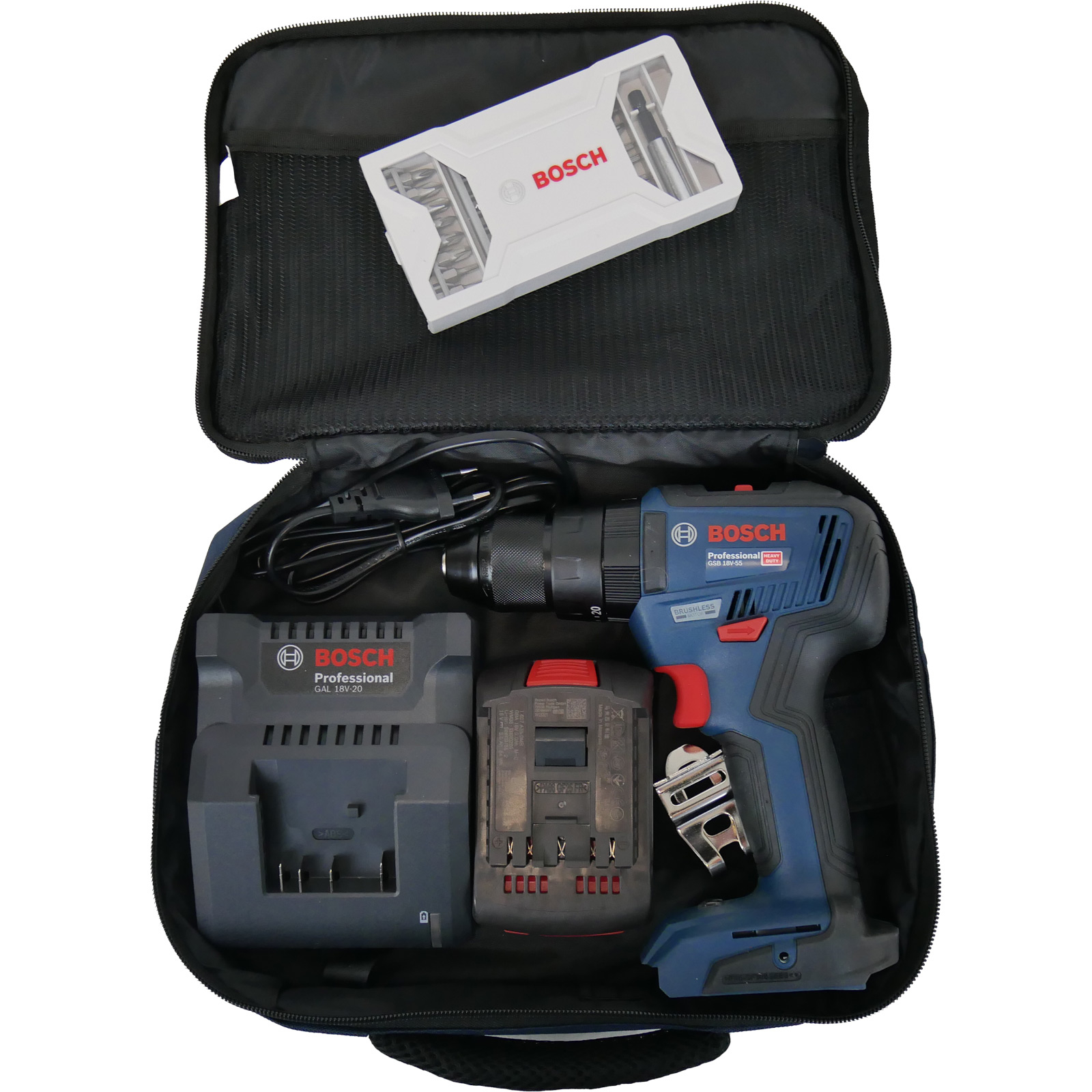 Bosch Akku-Bohrschrauber GSR 18V-55 / 1x 3,0 Ah Akku + Ladegerät + Bit-Set in Softbag