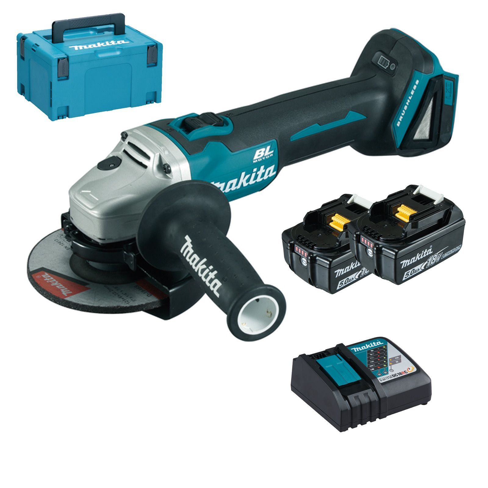 Makita DGA504RTJ Akku-Winkelschleifer Ø 125 mm 18 V / 2x 5,0 Ah Akku + Ladegerät im Makpac