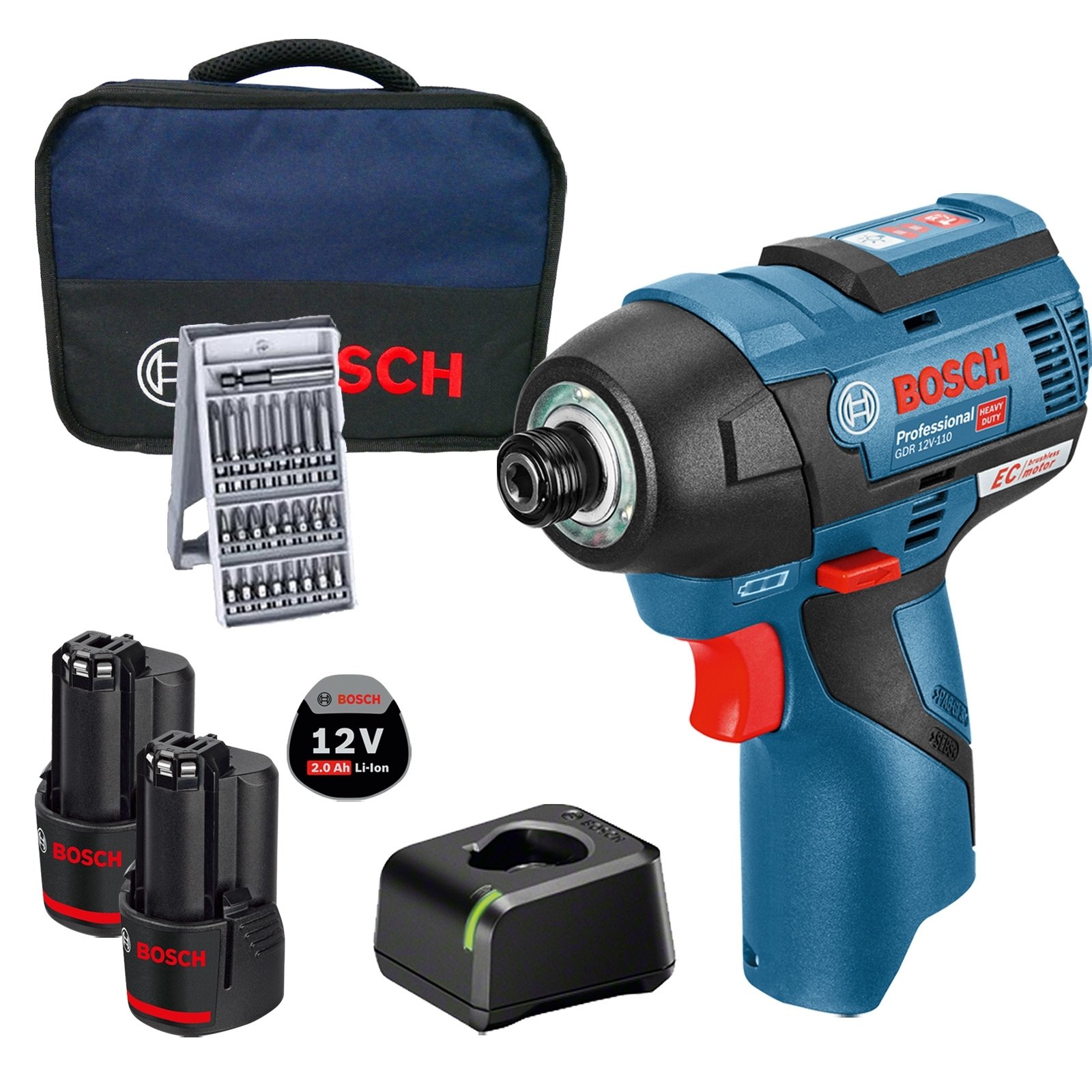 Bosch Akku-Drehschlagschrauber GDR 12V-110 12 V / 2x 2,0 Ah Akku + Ladegerät im Softbag inkl. Bit-Set