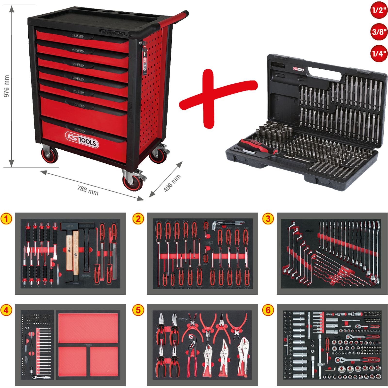 KS TOOLS RACINGline SCHWARZ/ROT Werkstattwagen mit 7 Schubladen und 598 Premium-Werkzeugen - 826.7598