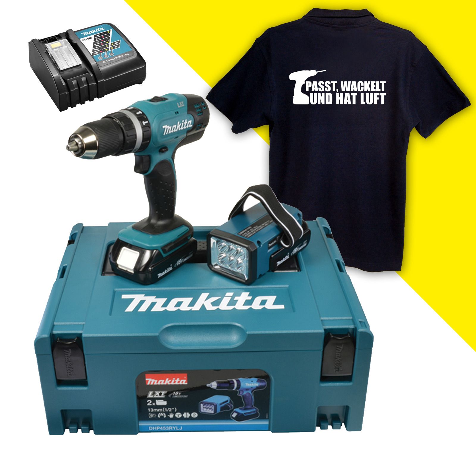 Makita DHP453RYLJ Akku-Schlagbohrschrauber 18 V / 2x 1,5 Ah Akku + Ladegerät + Polo-Shirt inkl. Akku-Lampe im Makpac