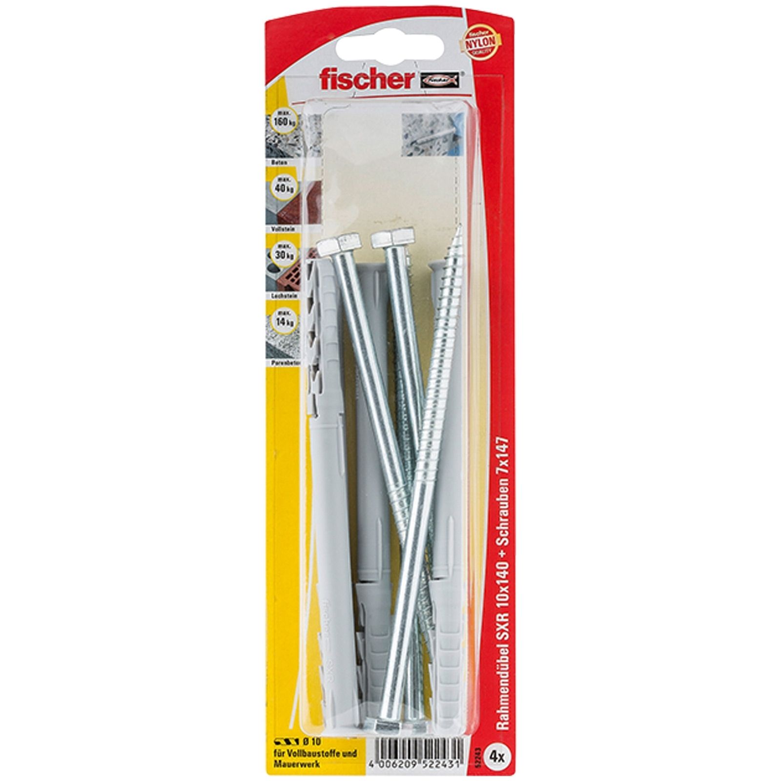 Fischer 4x Langschaftdübel SXR 10 x 140 SS Sechskantschraube - 52243