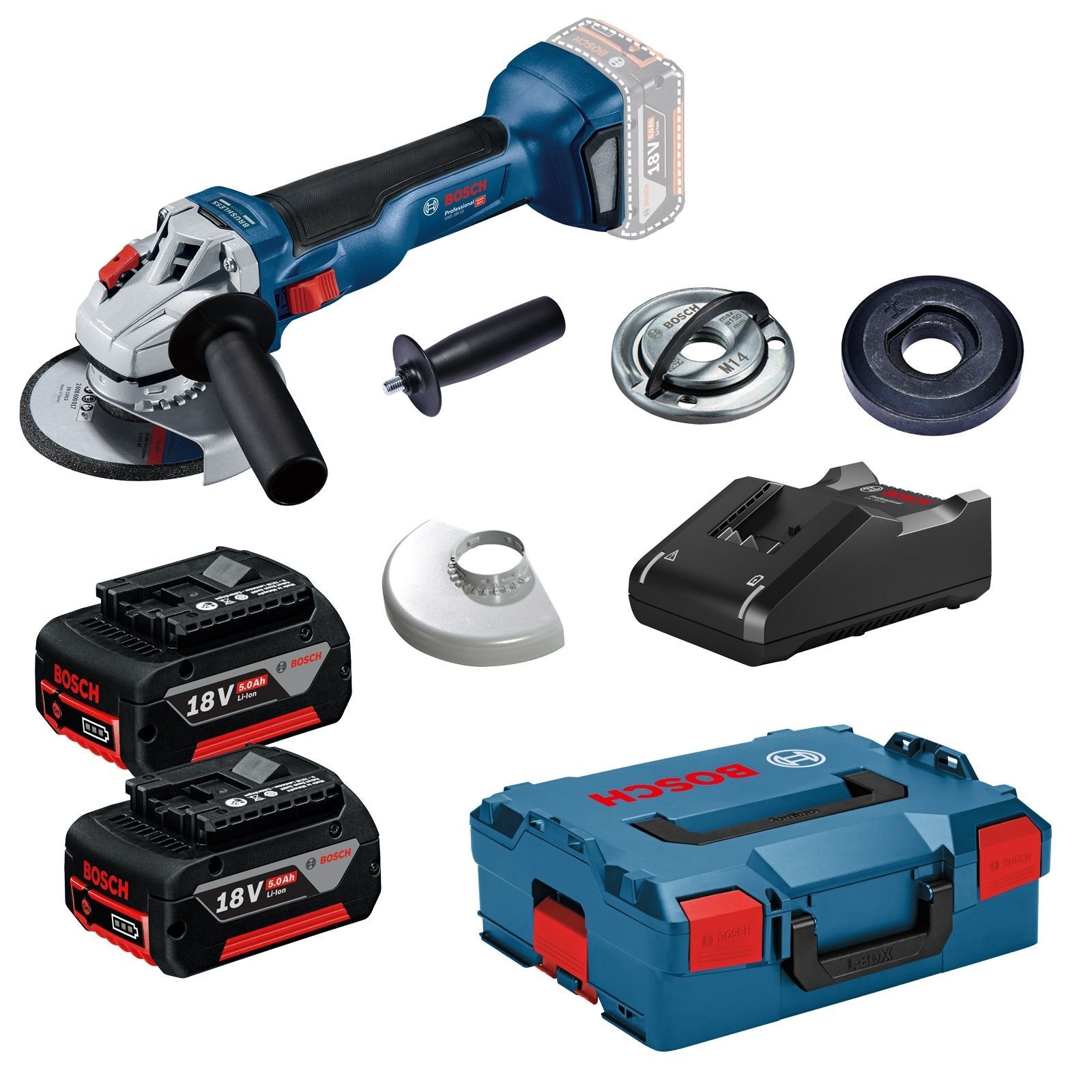 Bosch Akku-Winkelschleifer GWS 18V-10 Ø 125 mm / 2x 5,0 Ah Akku + Ladegerät inkl. Zubehör-Set in L-Boxx