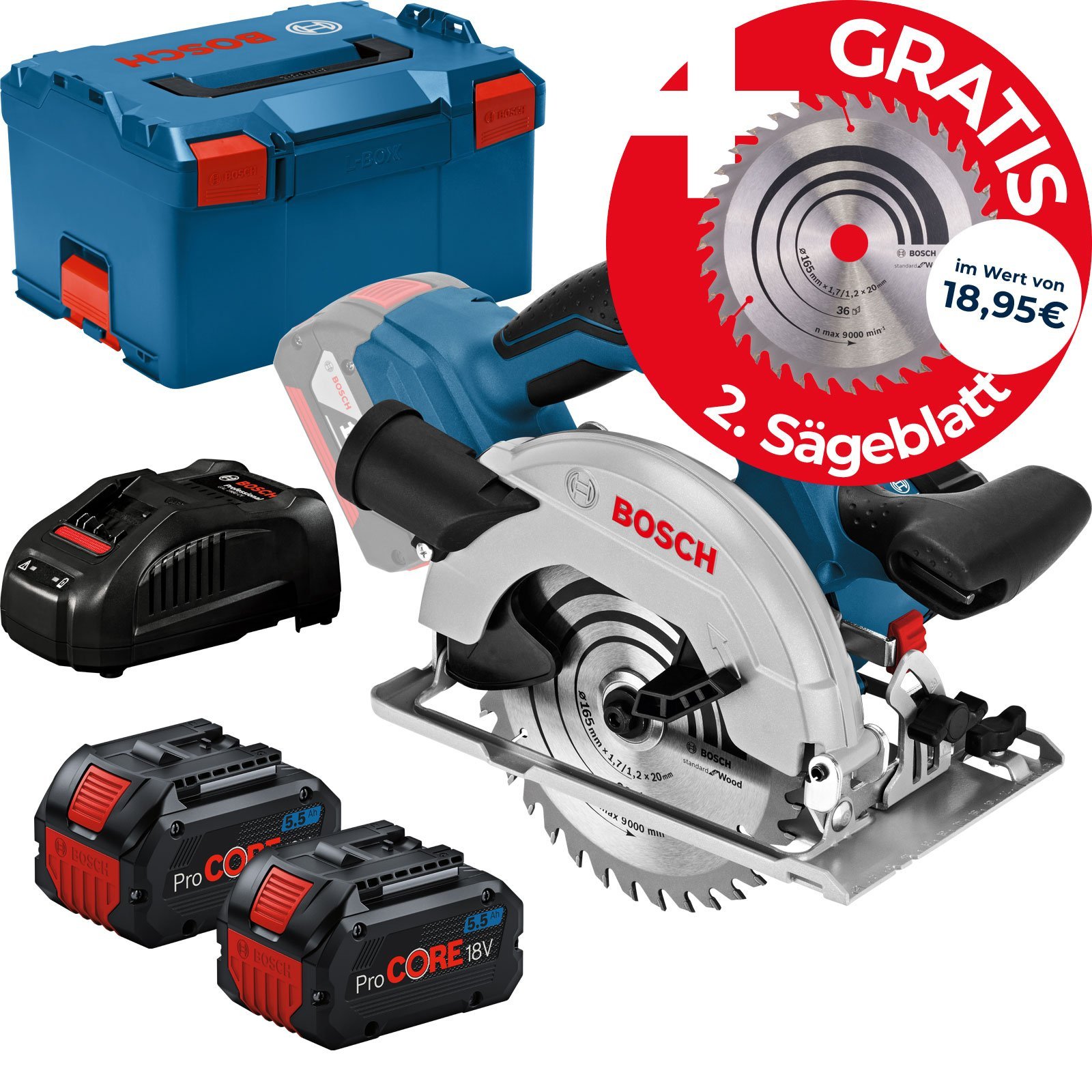 Bosch Akku-Kreissäge GKS 18V-57 G Ø 165 mm 2x 5,5Ah ProCORE18V Ladegerät Sägeblatt L-Boxx