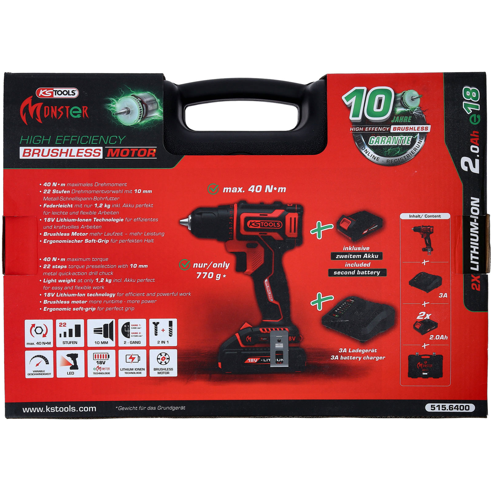 KS TOOLS eMONSTER Brushless-Akku-Schlag-Bohr-Schrauber-Satz 4tlg. - 515.6300