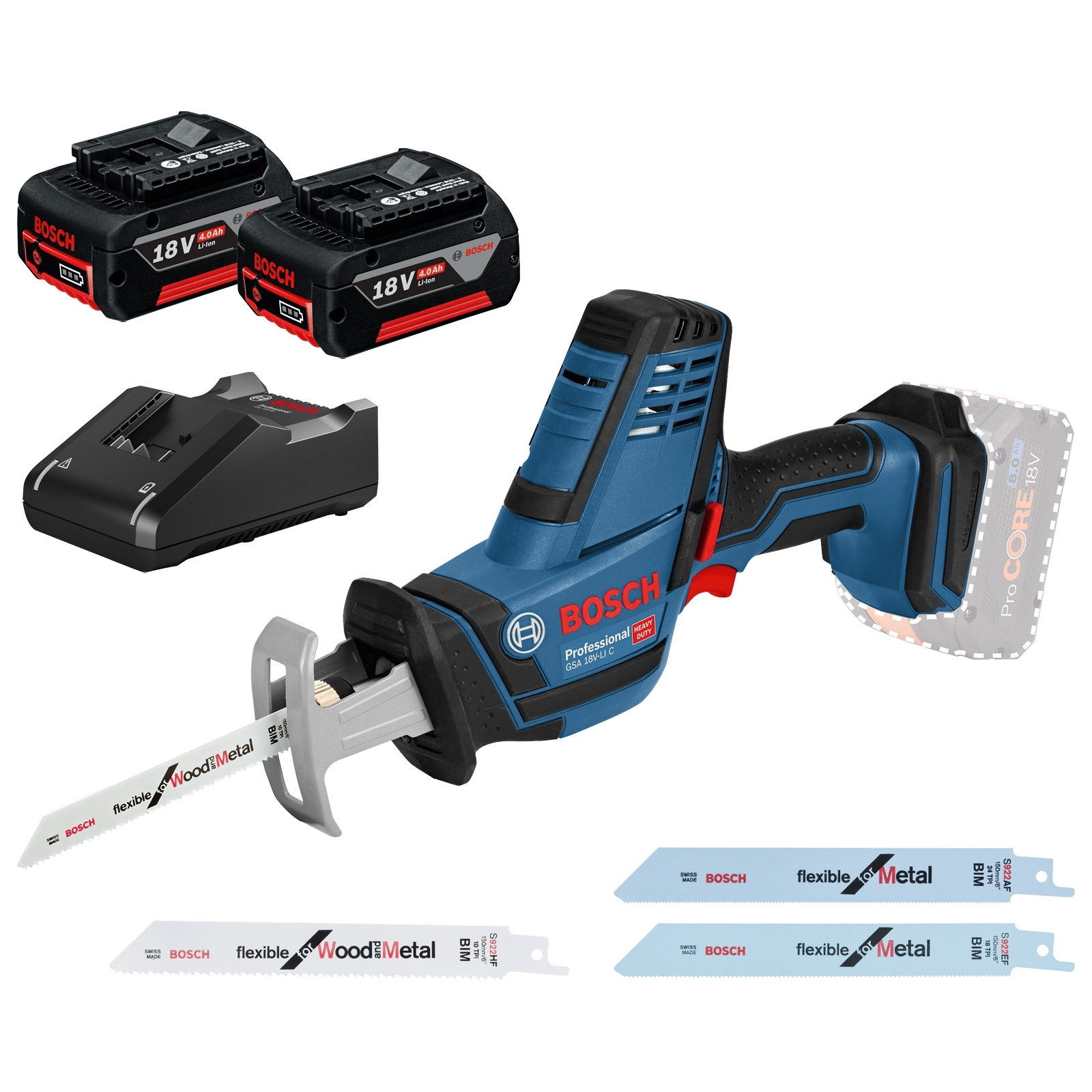 Bosch Akku-Säbelsäge GSA 18V-LI Compact / 2x 4,0 Ah Akku + Ladegerät inkl. Zubehör-Set - 06016A5003