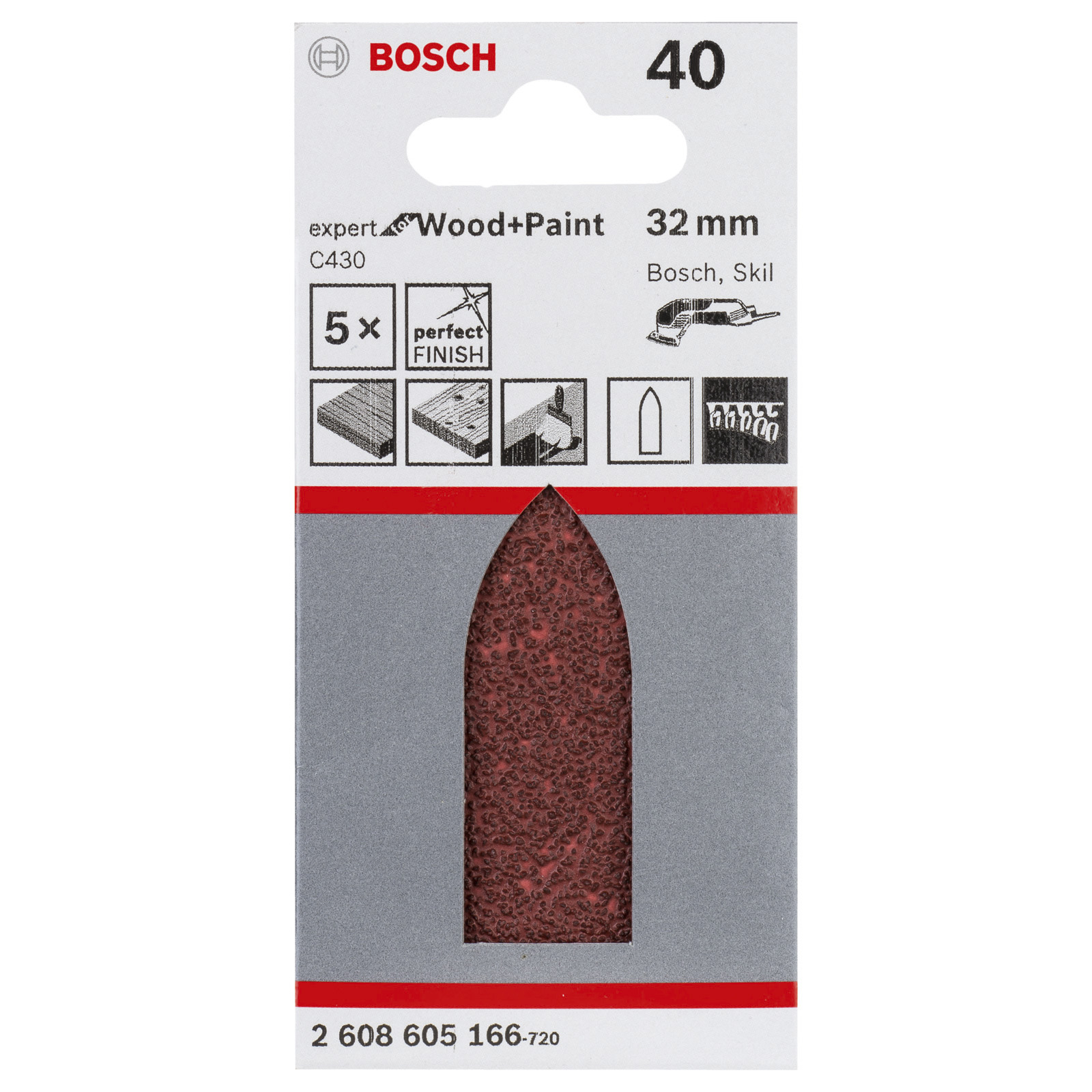 Bosch 5x Schleifblatt C430 Expert for Wood ungelocht 32 x 88 mm K40 - 2608605166