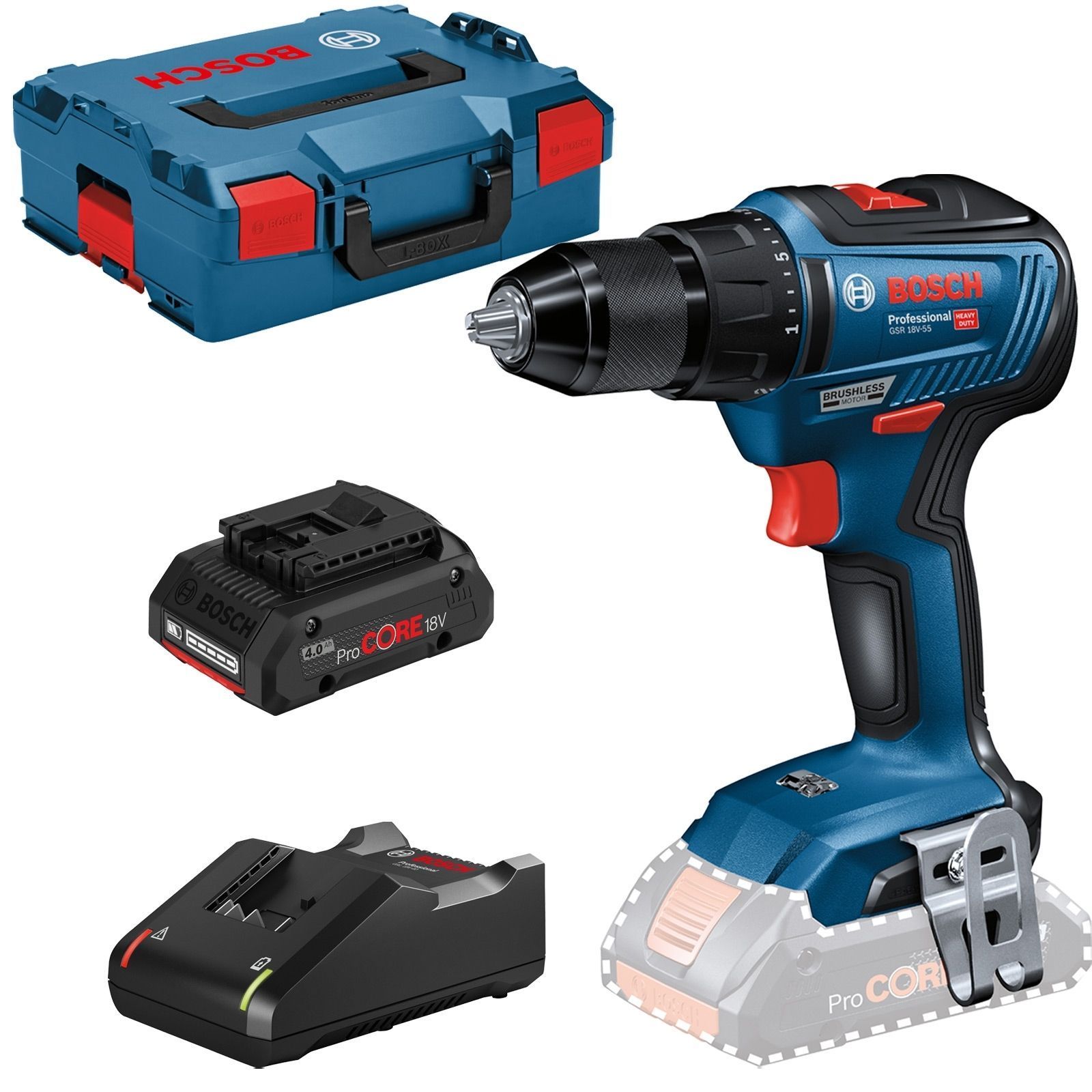 Bosch Akku-Bohrschrauber GSR 18V-55 / 1x 4,0 Ah ProCORE18V Akku + Ladegerät in L-Boxx