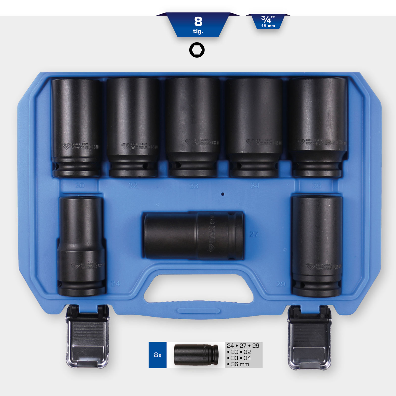 BRILLIANT TOOLS 3/4" Kraft-Stecknuss-Satz Sechskant 8tlg. lang 24 - 36 mm - BT025600