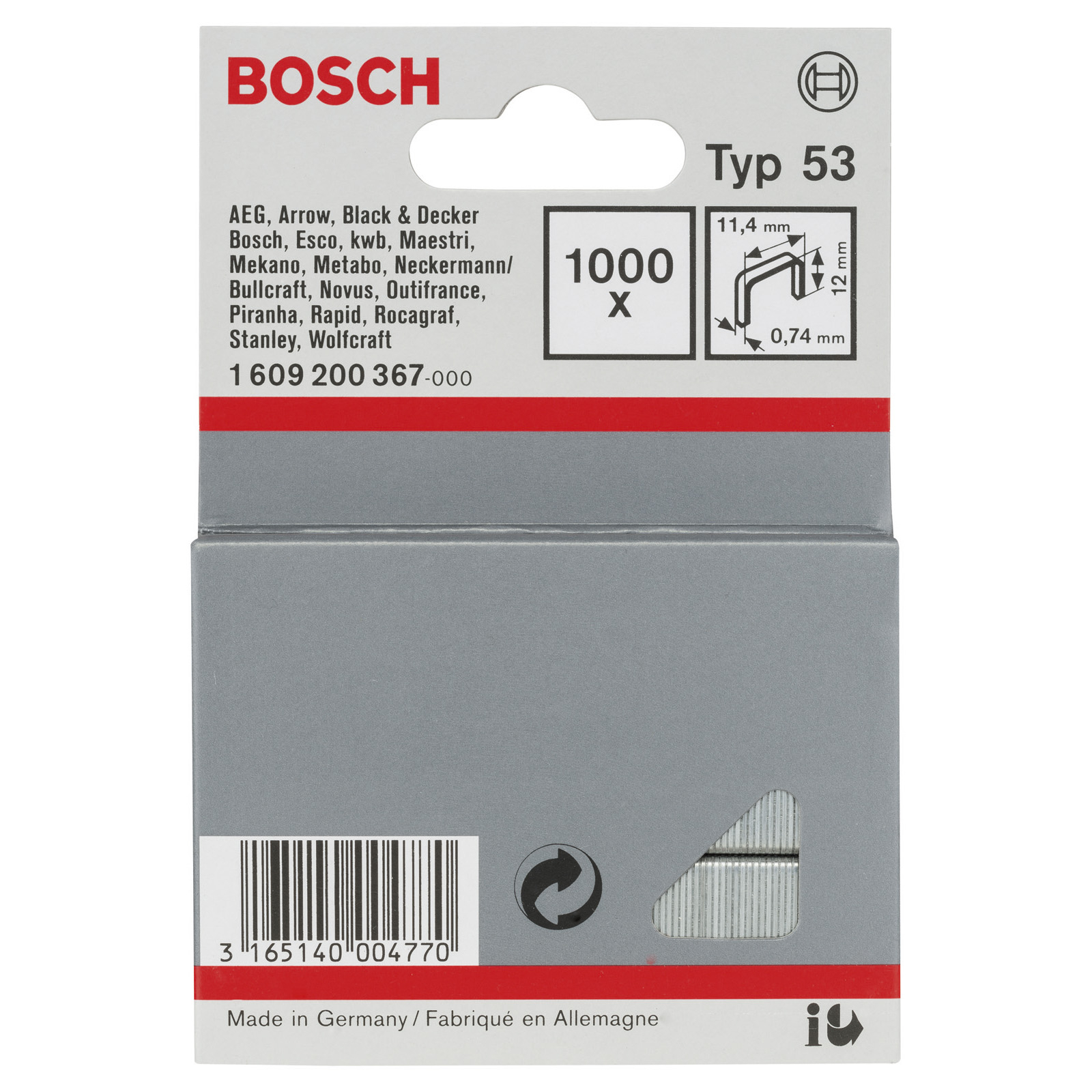 Bosch 1.000x Feindrahtklammer Typ 53, 11,4 x 0,74 x 12 mm - 1609200367