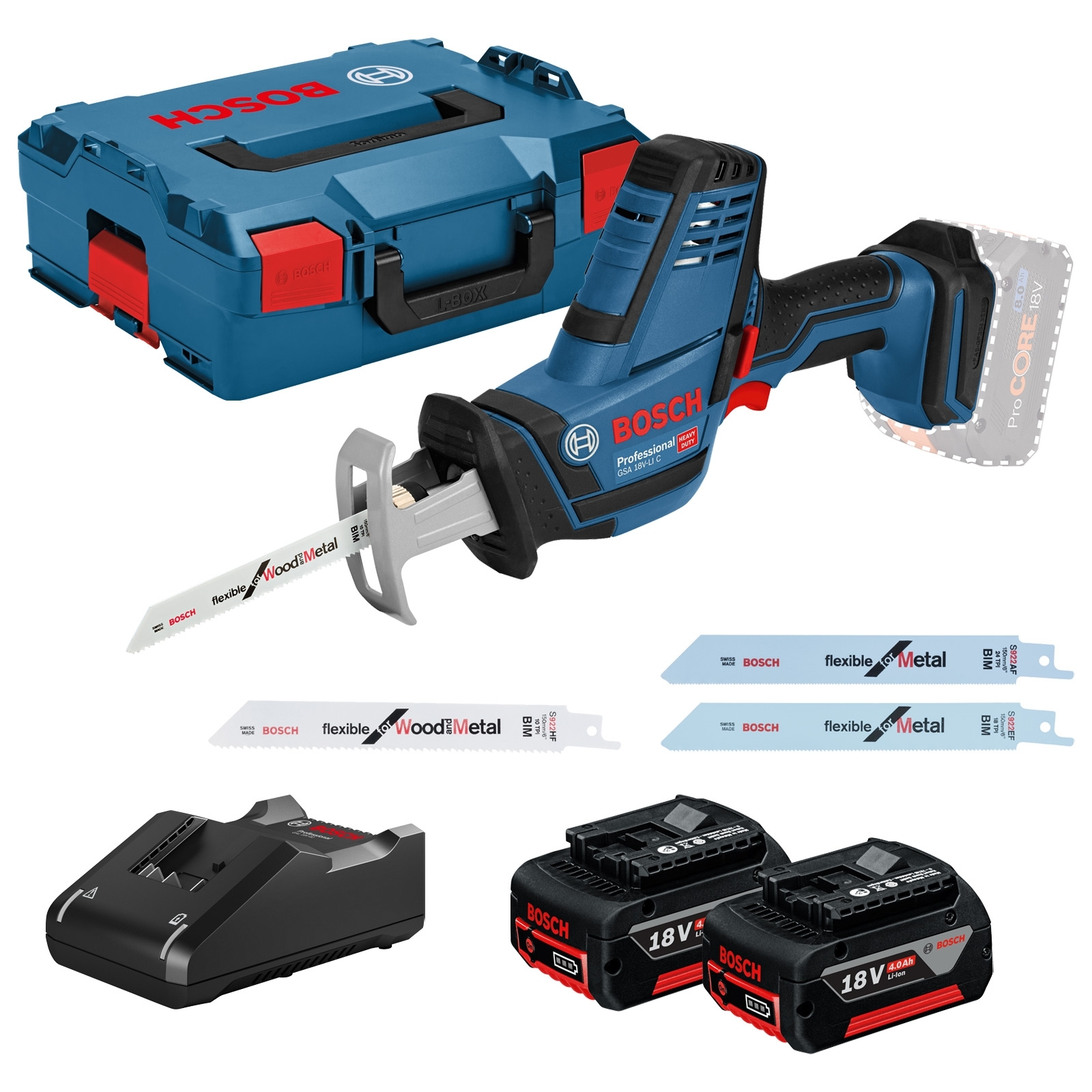 Bosch Akku-Säbelsäge GSA 18V-LI Compact / 2x 4,0 Ah Akku + Ladegerät inkl. Zubehör-Set in L-Boxx