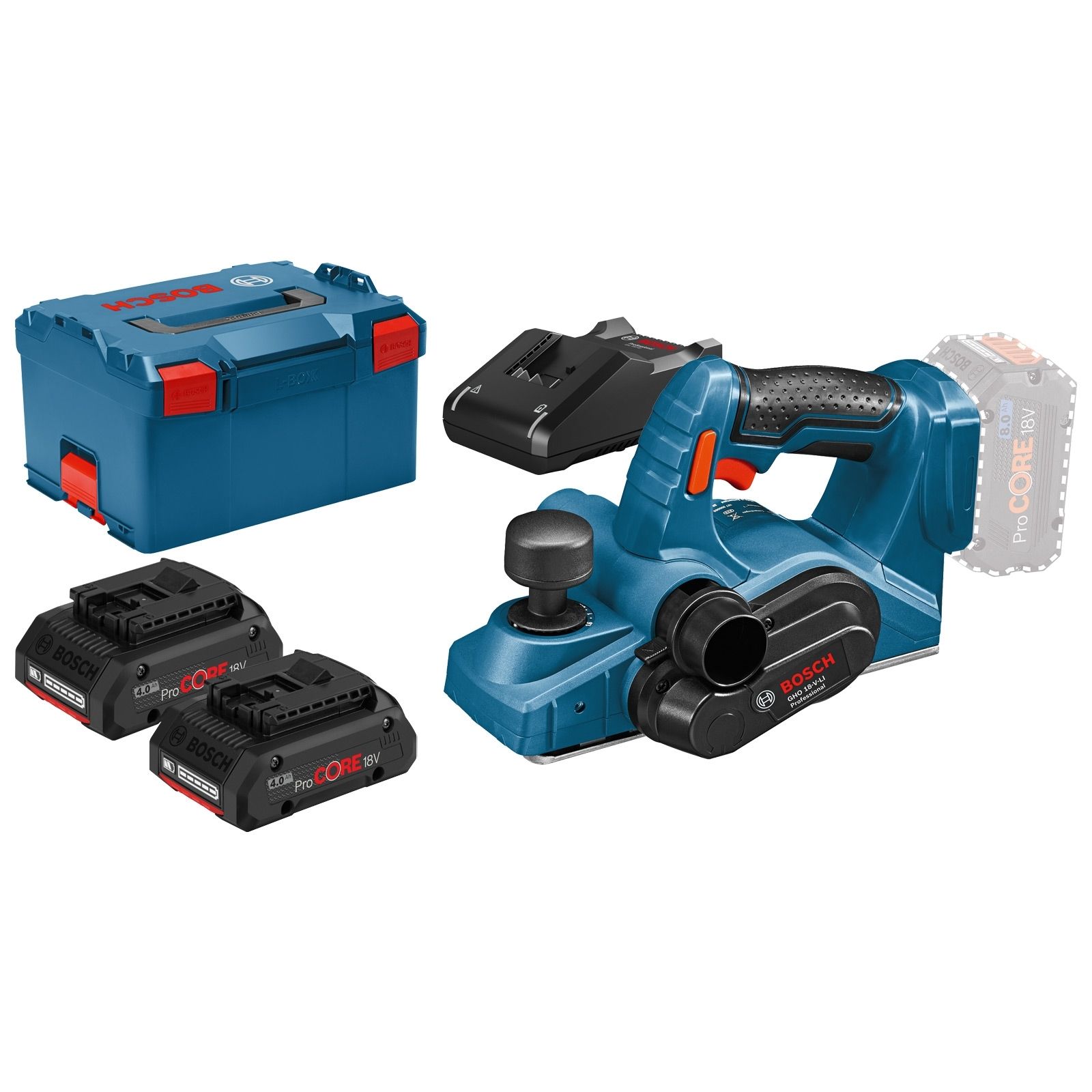 Bosch Akku-Hobel GHO 18V-LI / 2x 4,0 Ah ProCORE18V Akku + Ladegerät in L-Boxx