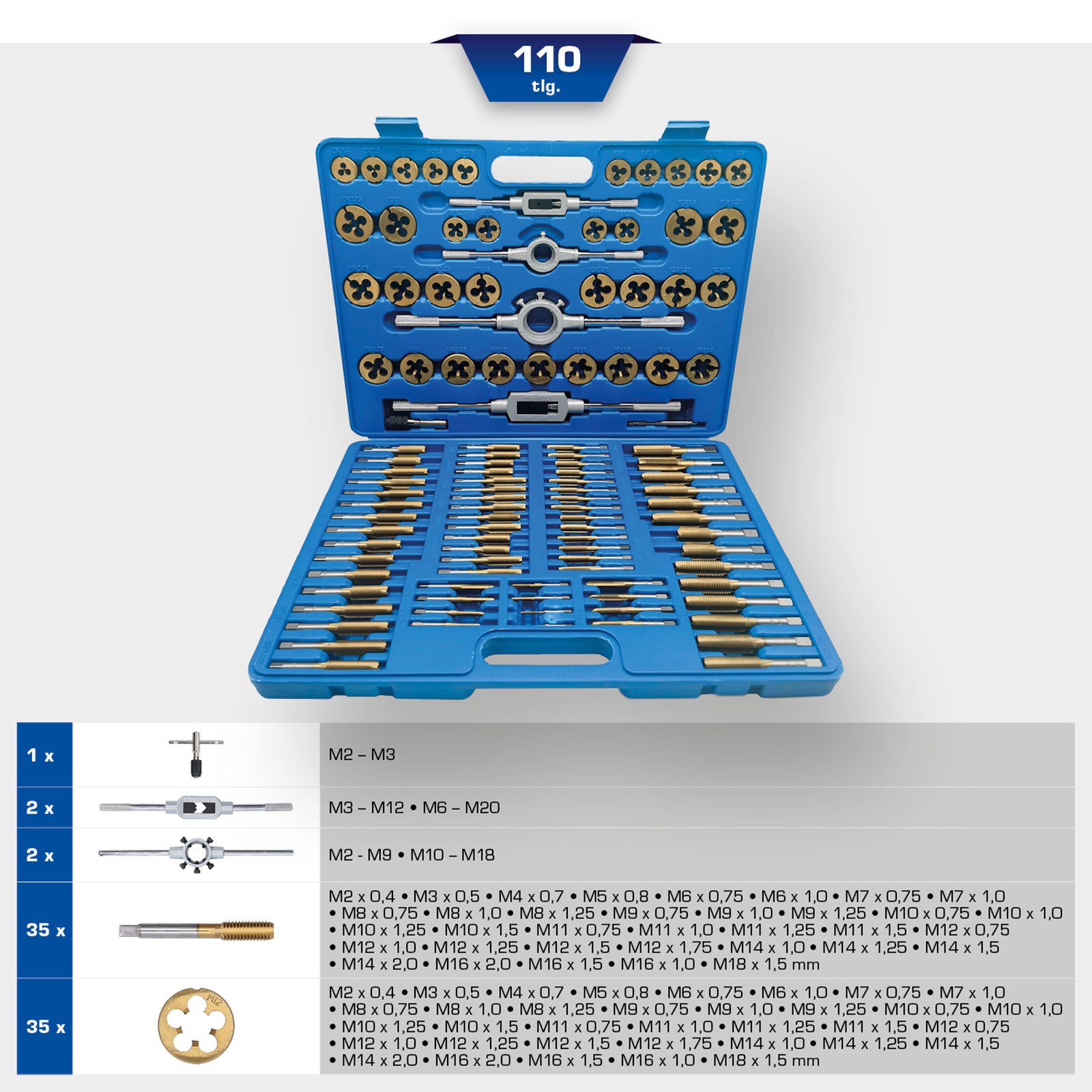 BRILLIANT TOOLS TiN Gewindeschneidwerkzeug-Satz 110tlg. - BT101985