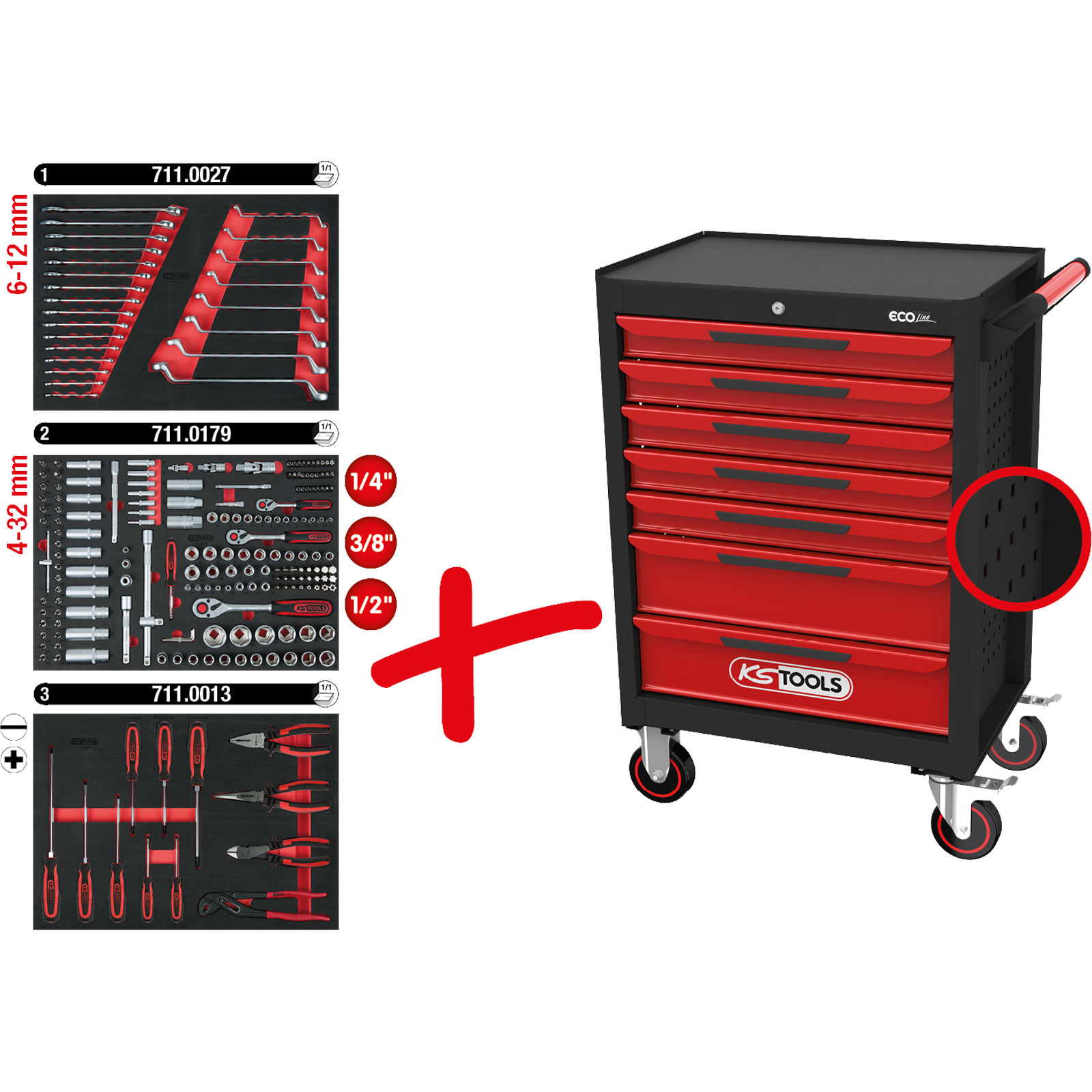 KS TOOLS ECOline SCHWARZ/ROT Werkstattwagen mit 7 Schubladen und 215 Premium-Werkzeugen - 897.7215