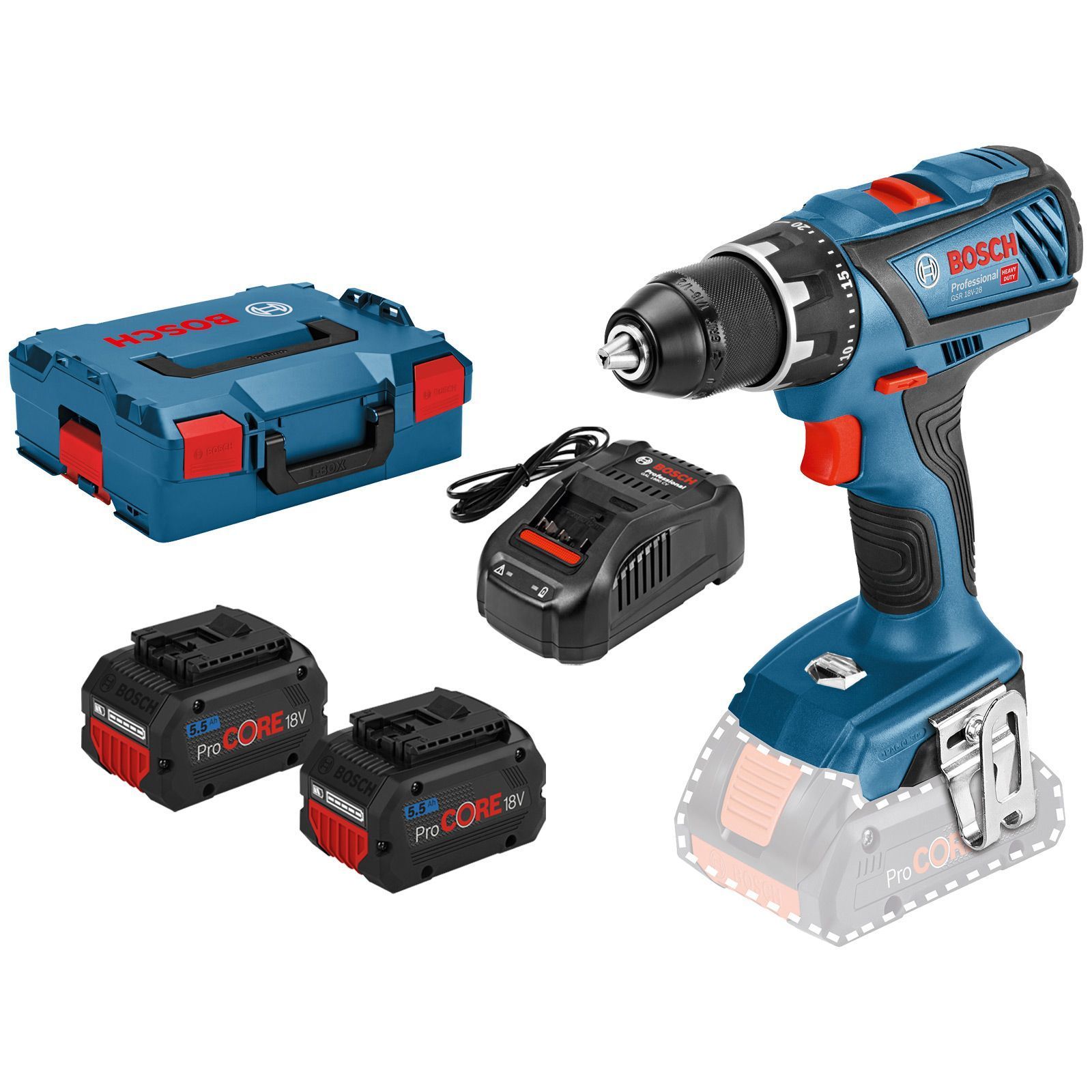 Bosch Akku-Bohrschrauber GSR 18V-28 / 2x 5,5 Ah ProCORE18V Akku + Ladegerät in L-Boxx