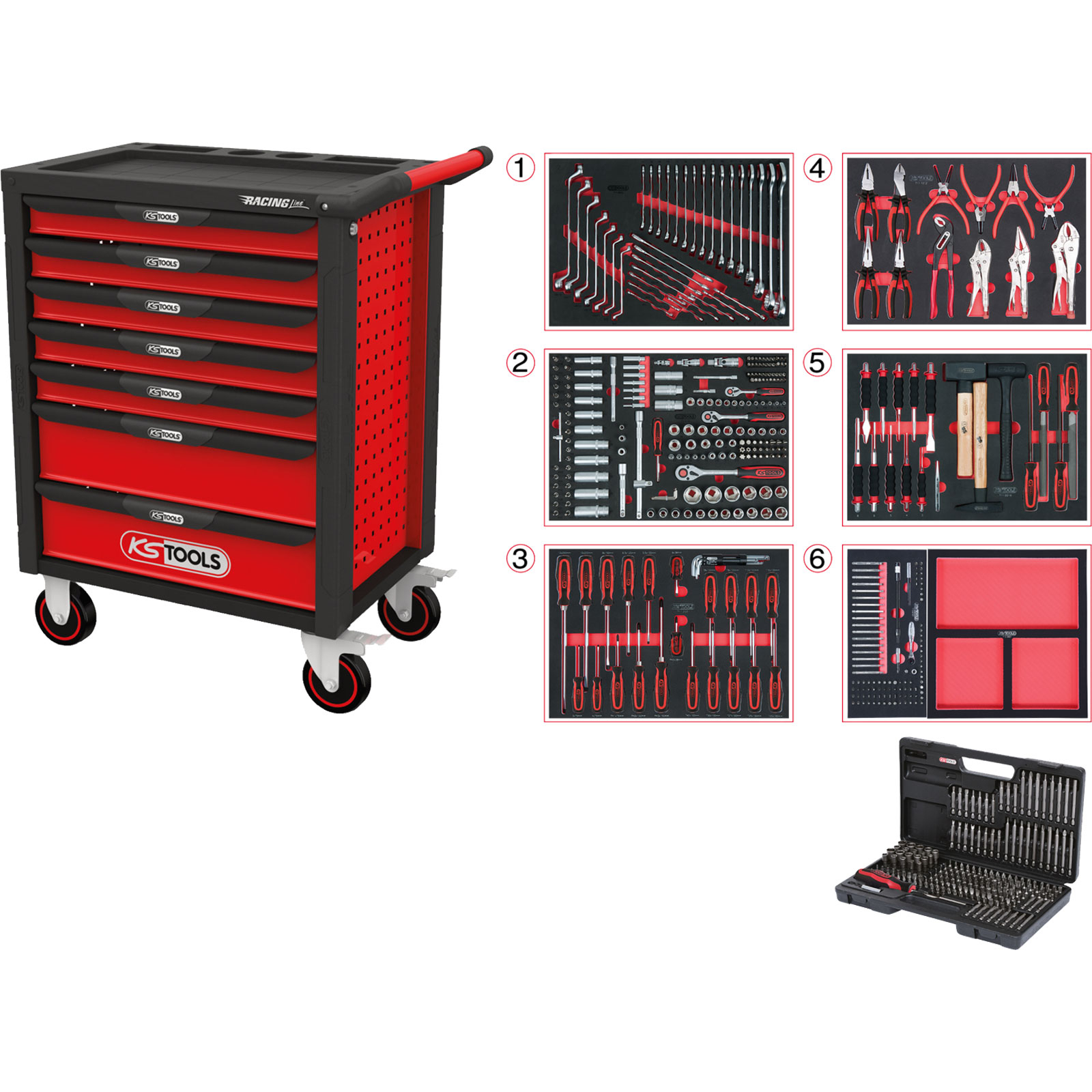 KS TOOLS RACINGline SCHWARZ/ROT Werkstattwagen mit 7 Schubladen und 598 Premium-Werkzeugen - 826.7598