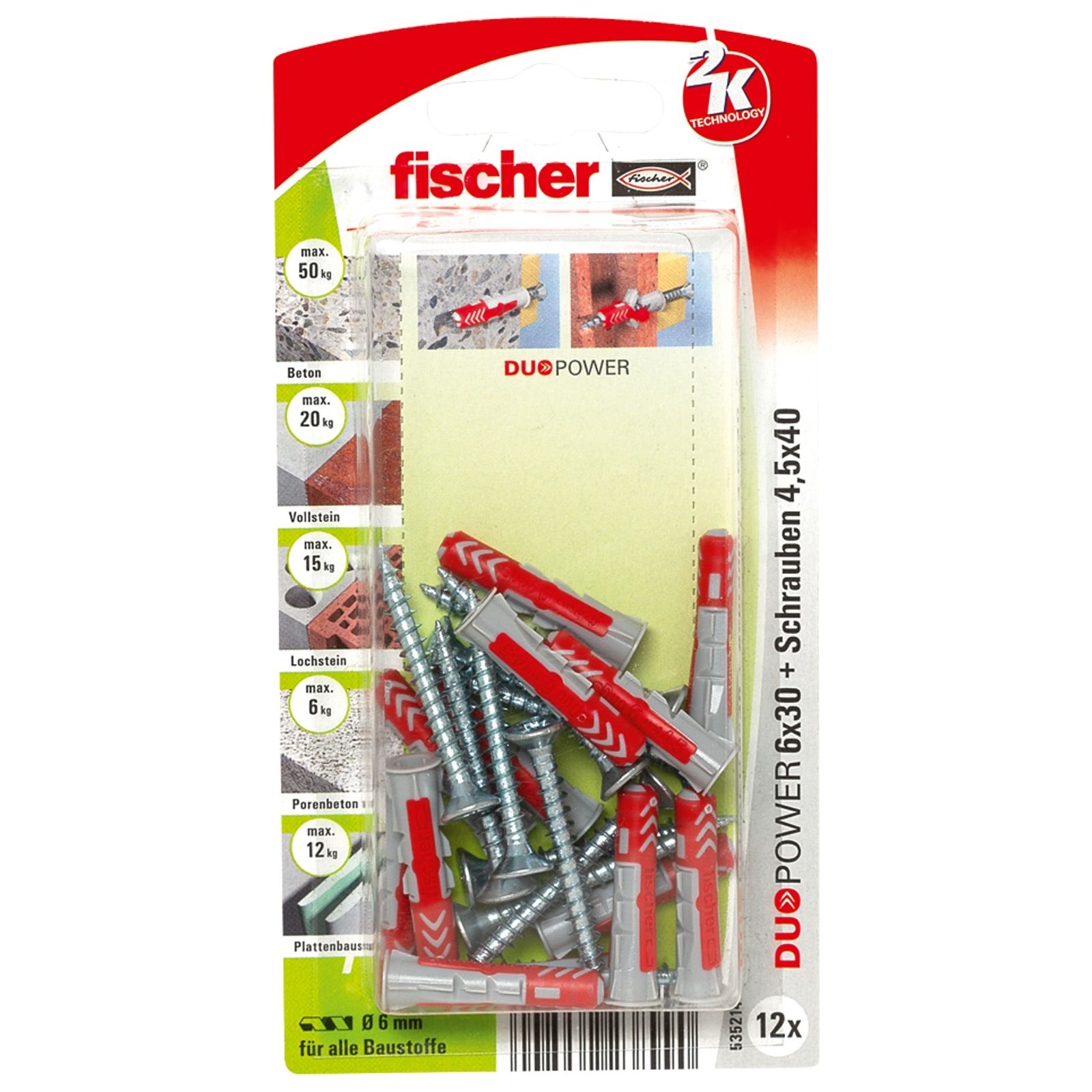 Fischer 12x DUOPOWER 6X30 S mit Schraube - 535214