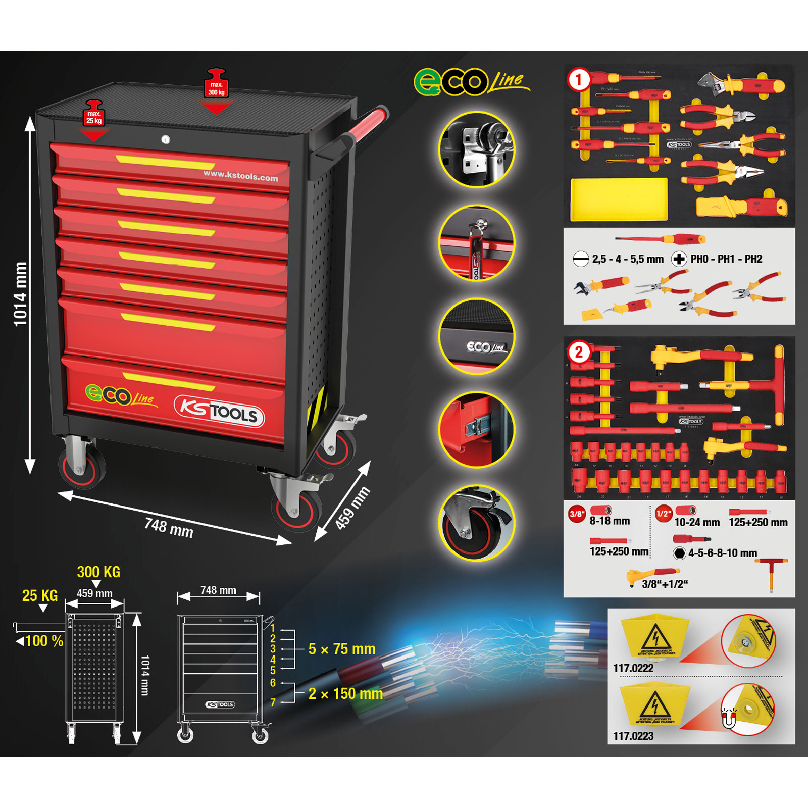 KS TOOLS ECOline Werkstattwagen mit 42 isolierten Werkzeugen für Hybrid- und Elektrofahrzeuge - 117.6144