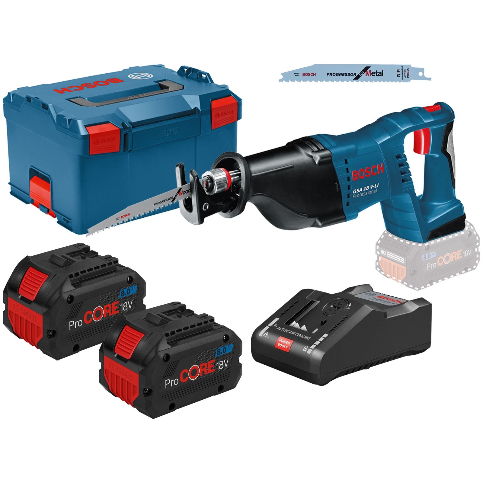 Bosch Akku-Säbelsäge GSA 18V-LI / 2x 8,0 Ah ProCORE Akku + Ladegerät inkl. Zubehör in L-Boxx