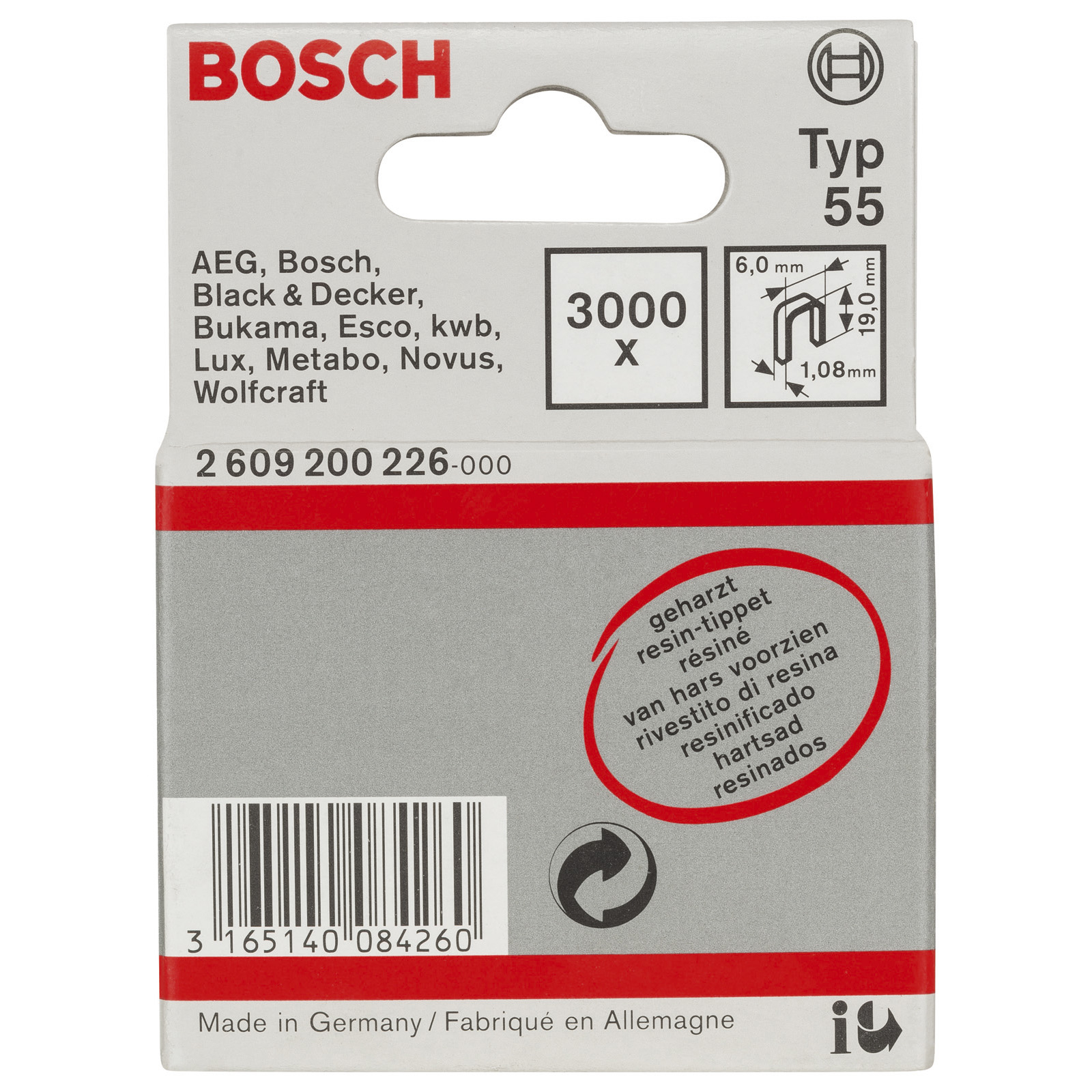 Bosch 3.000x Schmalrückenklammer Typ 55, geharzt 6 x 1,08 x 19 mm - 2609200226