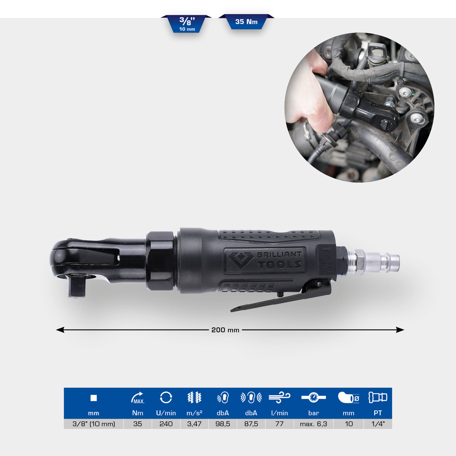 BRILLIANT TOOLS 3/8" Druckluft-Ratsche 35 Nm - BT160602