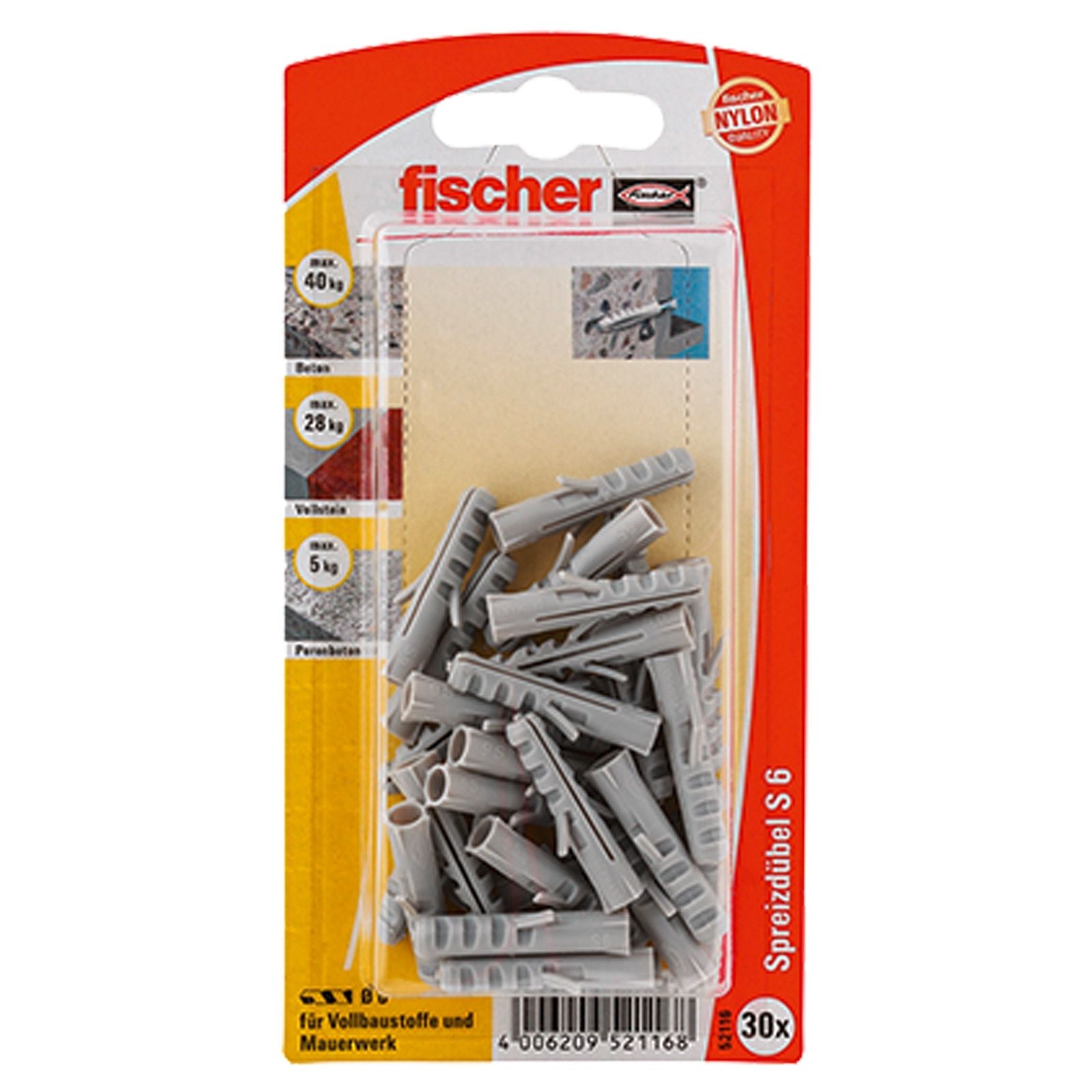 Fischer 30x Dübel S 6 - 52116