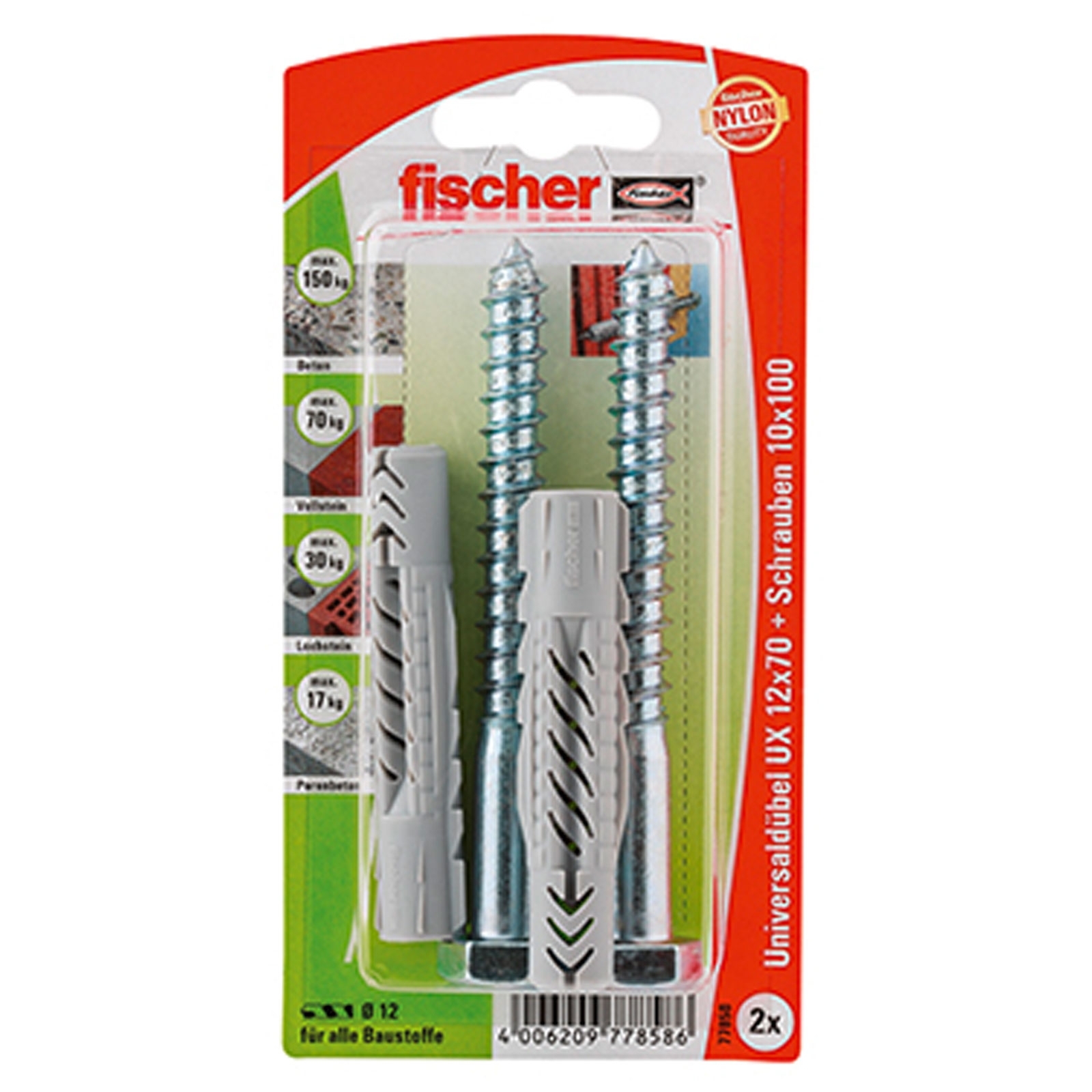 Fischer 2x Universaldübel UX 12 x 70 mm S mit Schraube - 77858