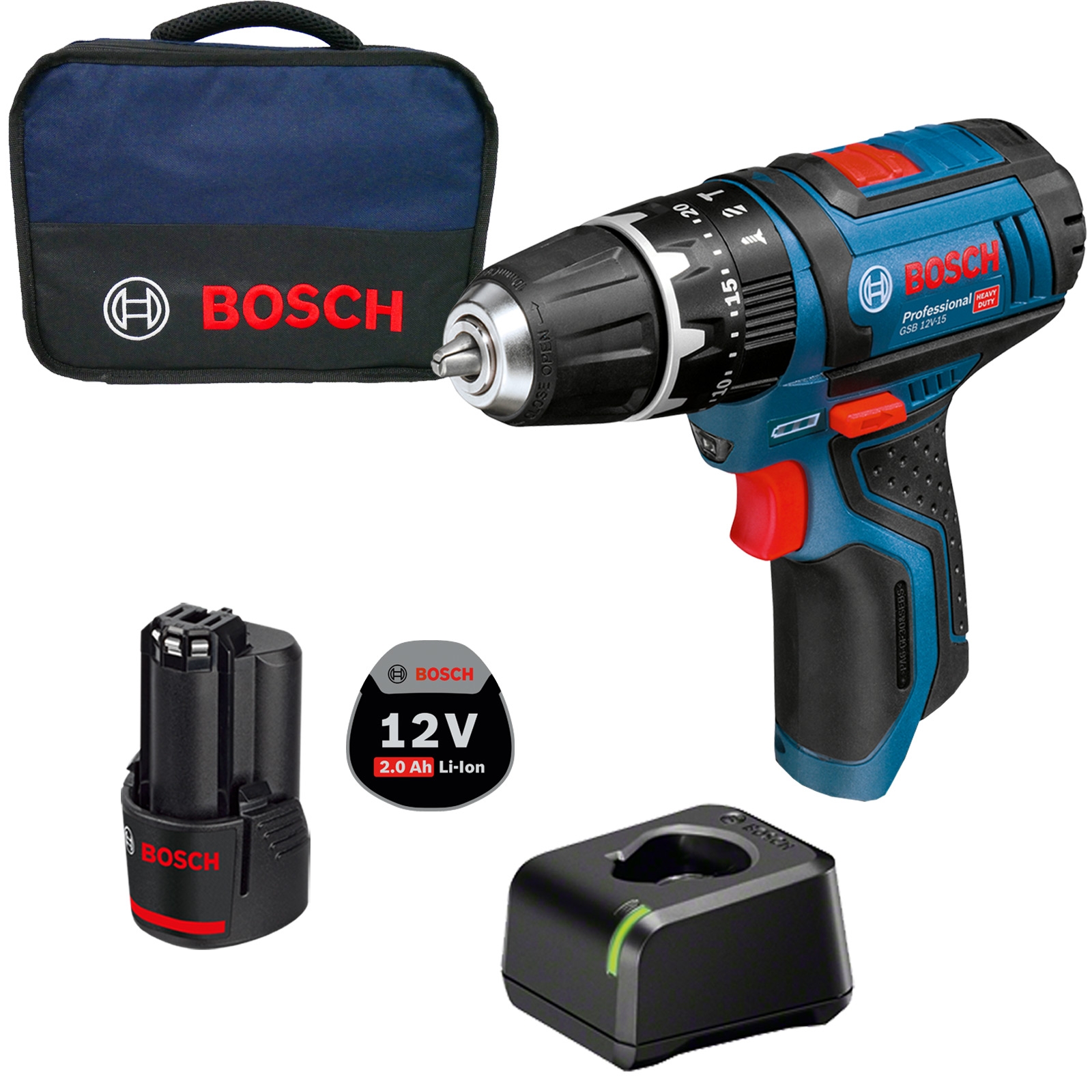 Bosch Akku-Schlagbohrschrauber GSB 12V-15 Professional 12 V / 1x 2,0 Ah Akku + Ladegerät im Softbag