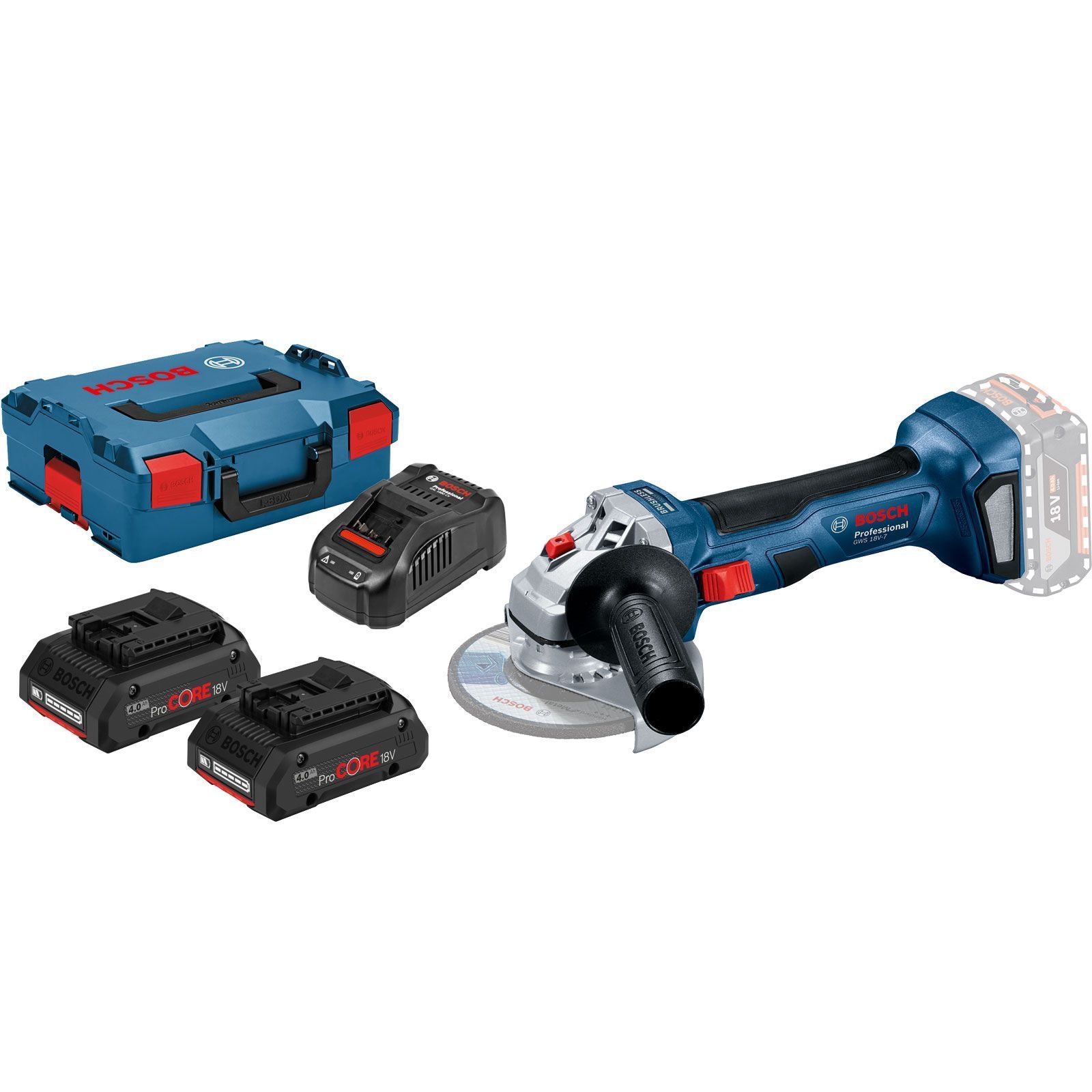 Bosch Akku-Winkelschleifer GWS 18V-7 Ø 125 mm / 2x 4,0 Ah ProCORE18V Akku + Ladegerät in L-Boxx