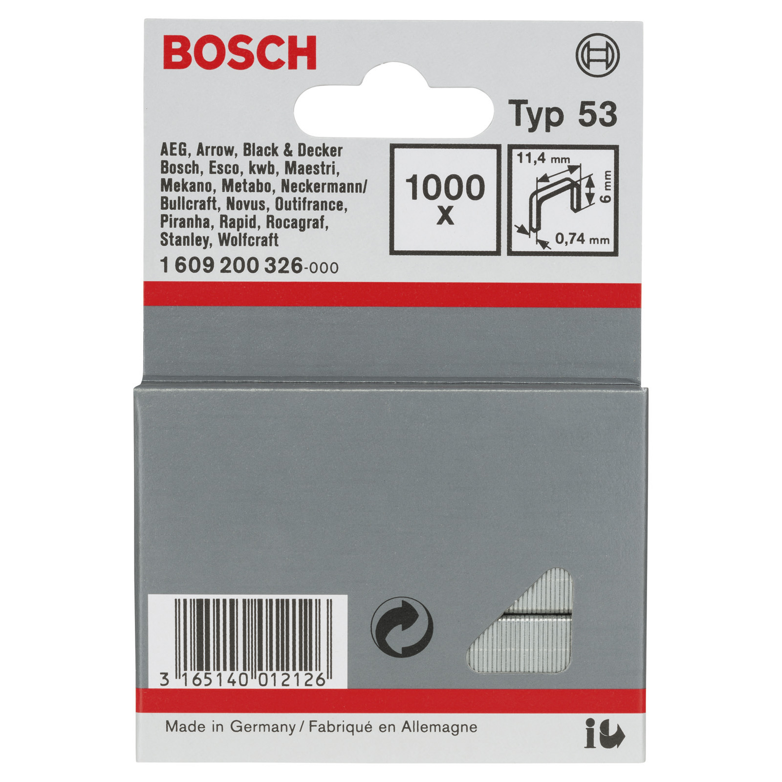 Bosch 1.000x Feindrahtklammer Typ 53, 11,4 x 0,74 x 6 mm - 1609200326