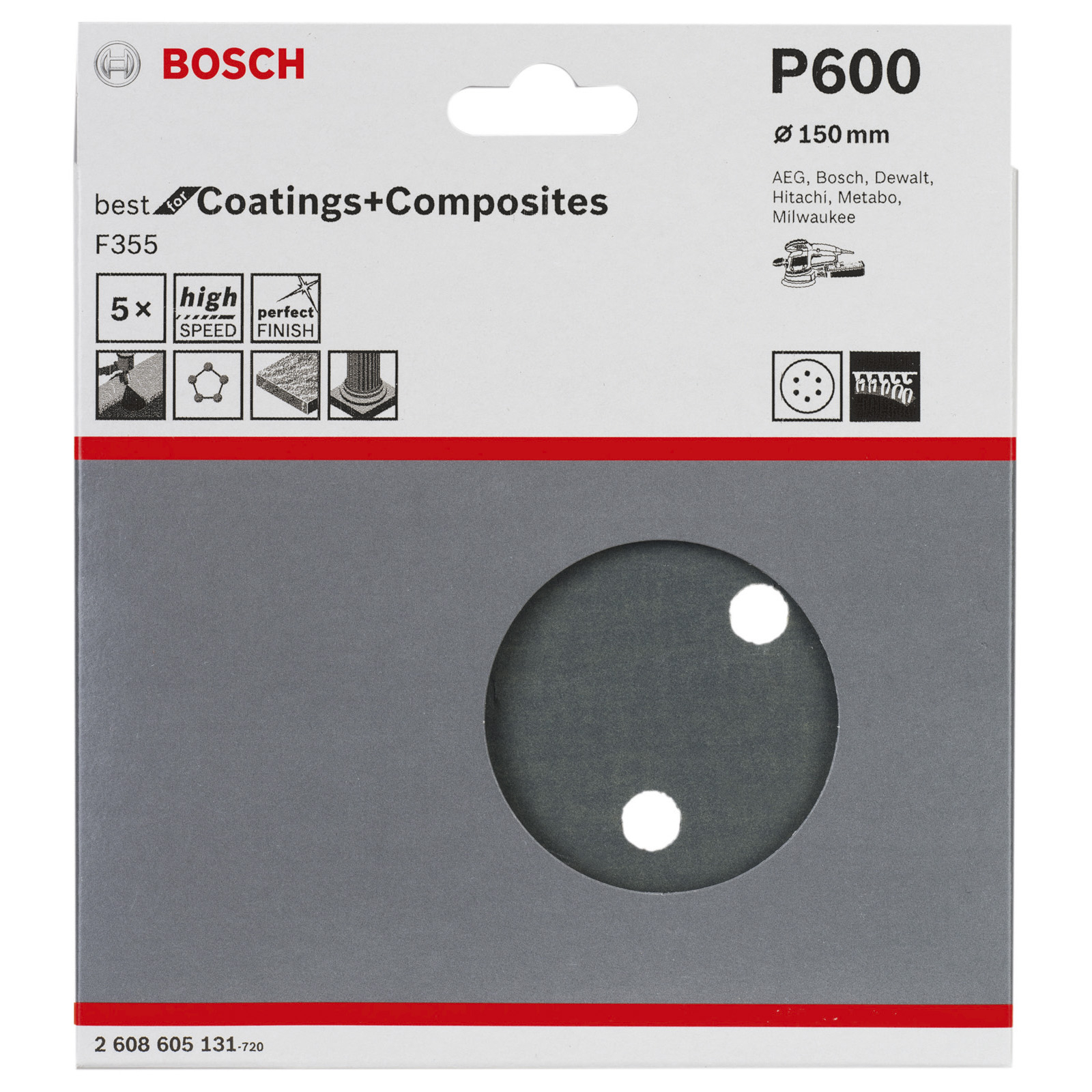 Bosch 5x Schleifblatt F355 Best for Stone 6 Löcher Klett 150 mm K600 - 2608605131