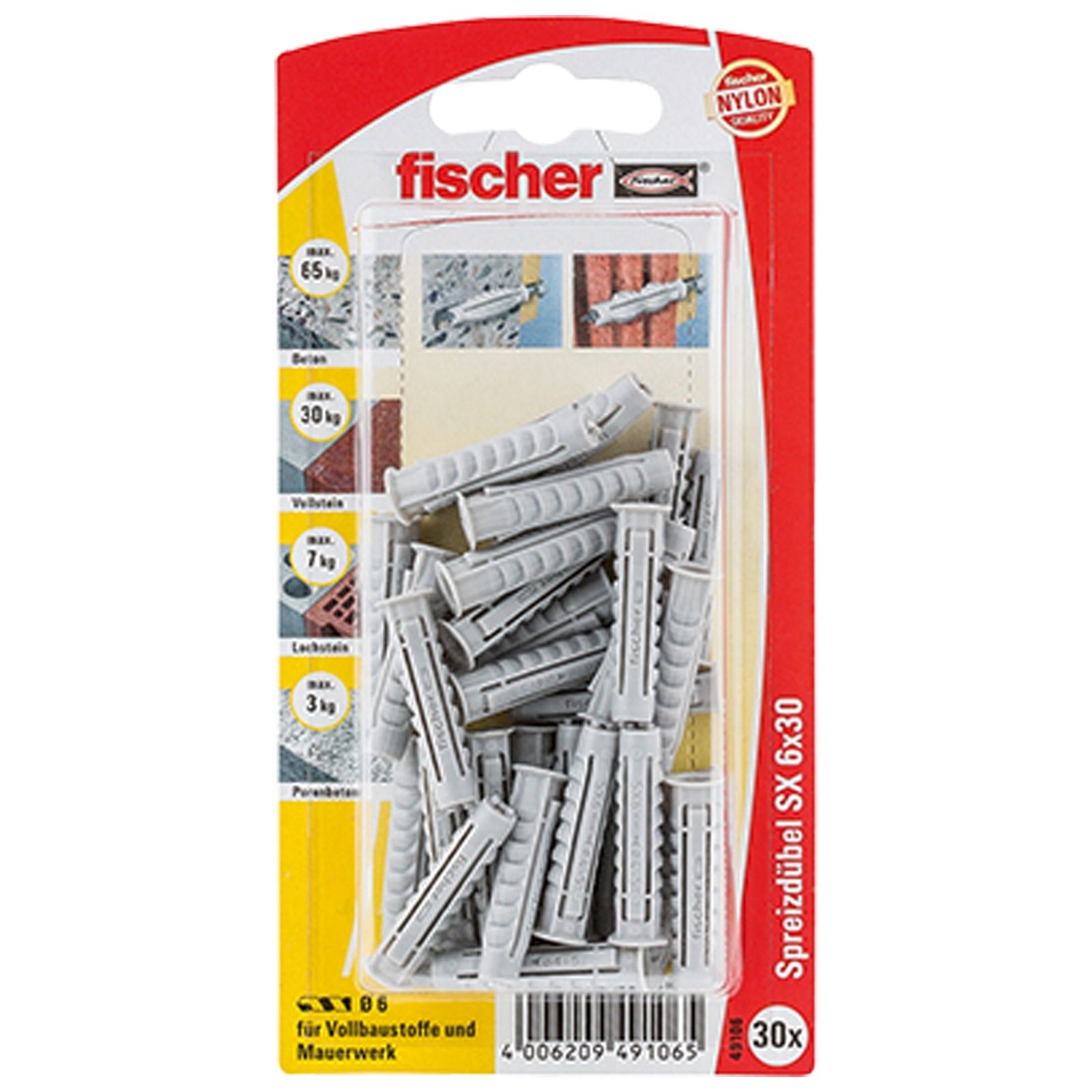 Fischer 30x Dübel SX 6x30 - 49106 Auslauf