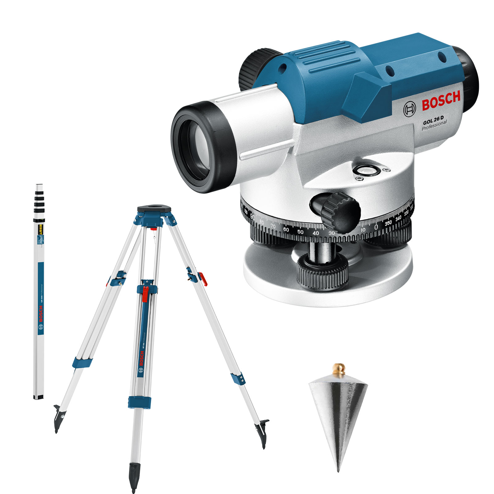 Bosch optisches Nivelliergerät GOL 26 D mit Baustativ BT 160 + Messstab GR 500 in Handwerkerkoffer - 0601068002