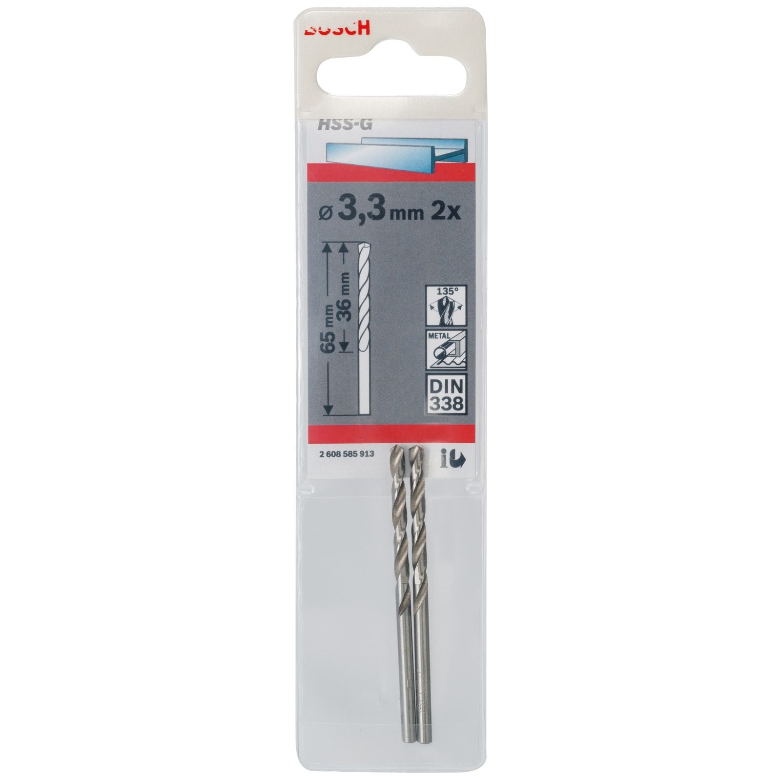 Bosch 2x Metallbohrer HSS-G DIN 338 3,3 x 36 x 65 mm - 2608585913