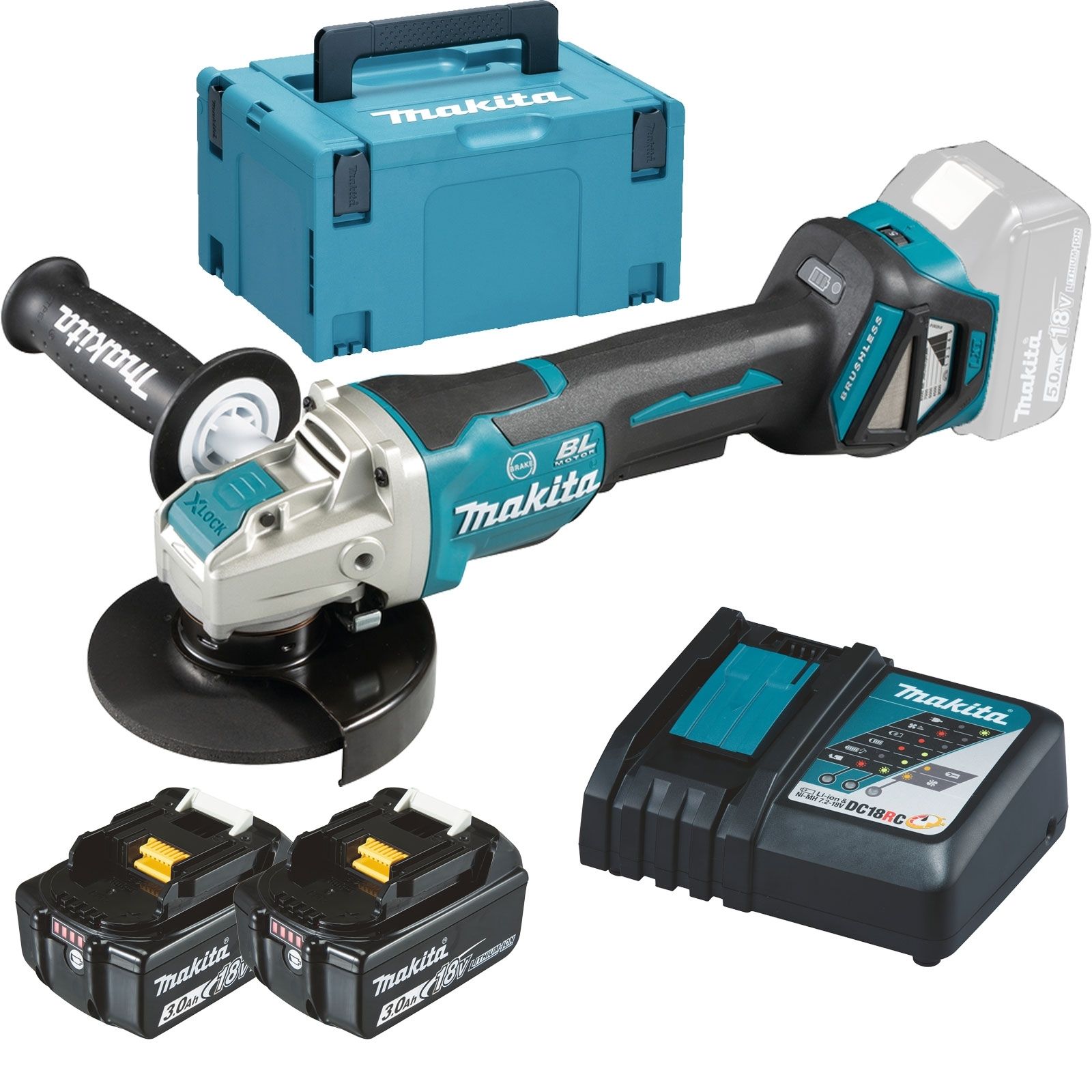 Makita DGA519RFJ Akku-Winkelschleifer Ø 125 mm 18 V / 2x 3,0 Ah Akku + Ladegerät im Makpac