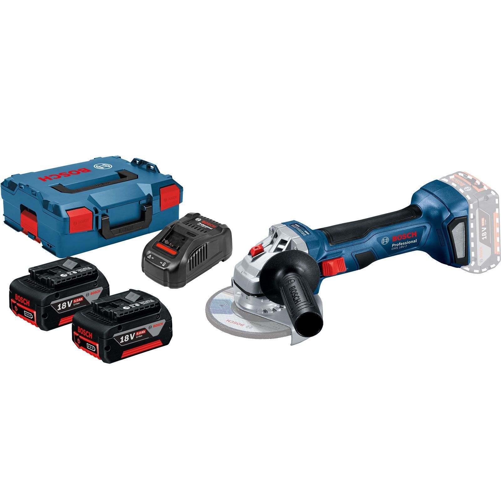 Bosch Akku-Winkelschleifer GWS 18V-7 Ø 125 mm / 2x 5,0 Ah Akku + Ladegerät in L-Boxx