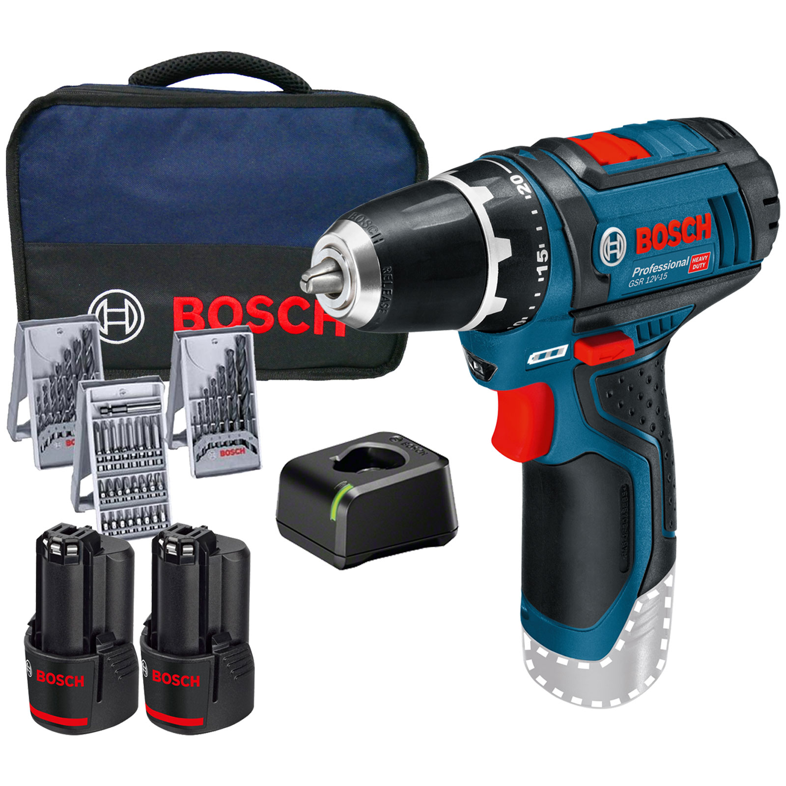 Bosch Akku-Bohrschrauber GSR 12V-15 / 2x 2,0 Ah Akku + Ladegerät inkl. Bit und Bohrer-Set im Softbag - 0615990GB0