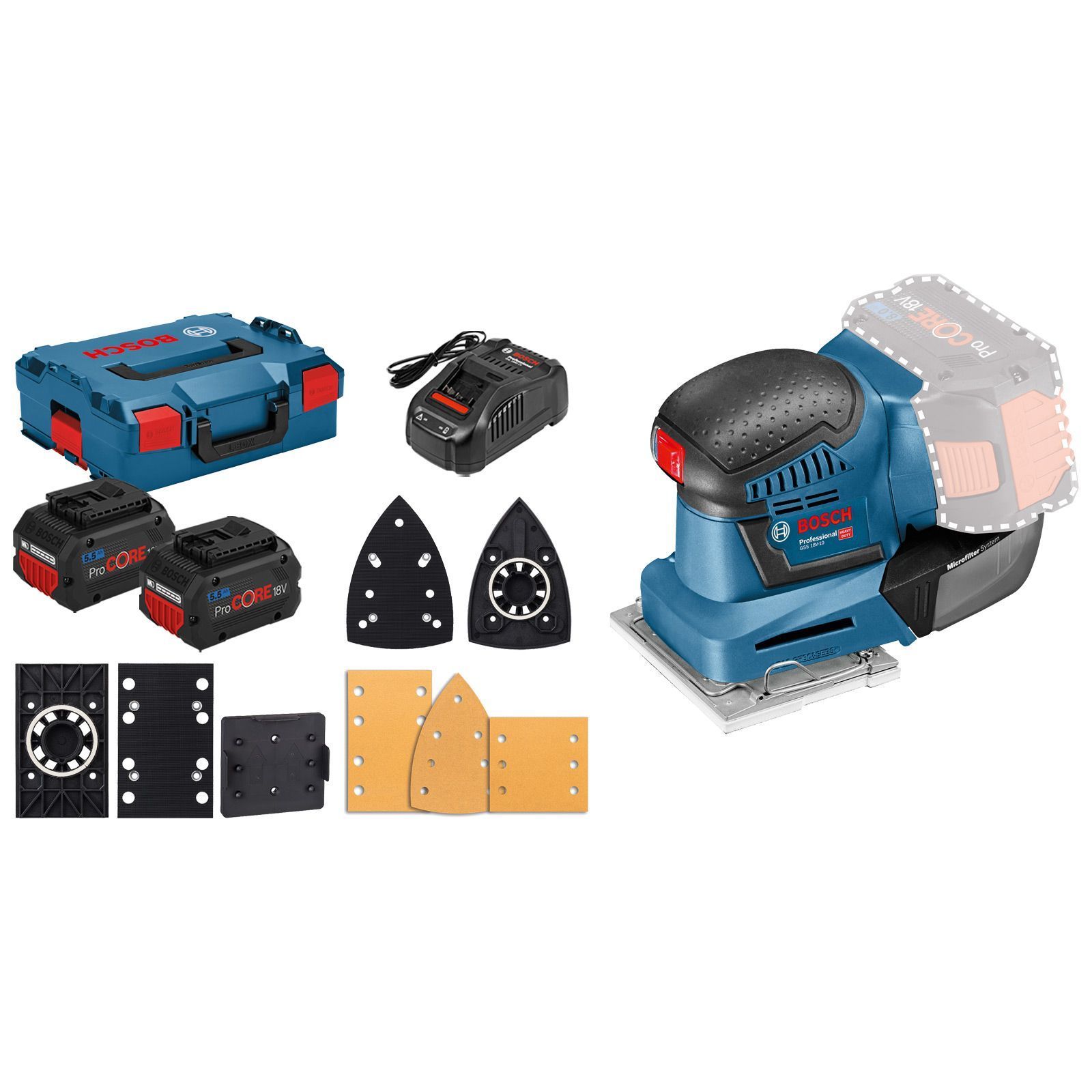 Bosch Akku-Schwingschleifer GSS 18V-10 / 2x 5,5 Ah ProCORE18V Akku + Ladegerät in L-Boxx