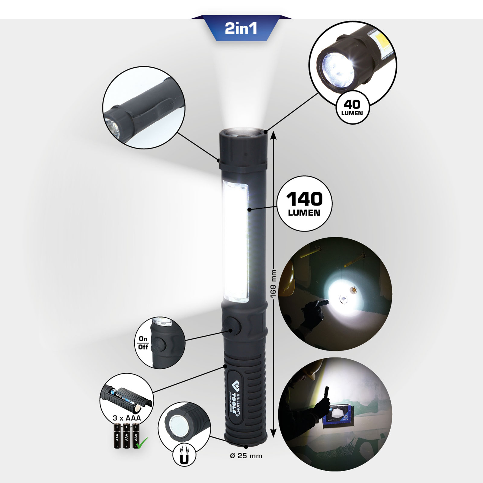 BRILLIANT TOOLS 2 in 1 COB-Taschenlampe mit 140 Lumen - BT130910