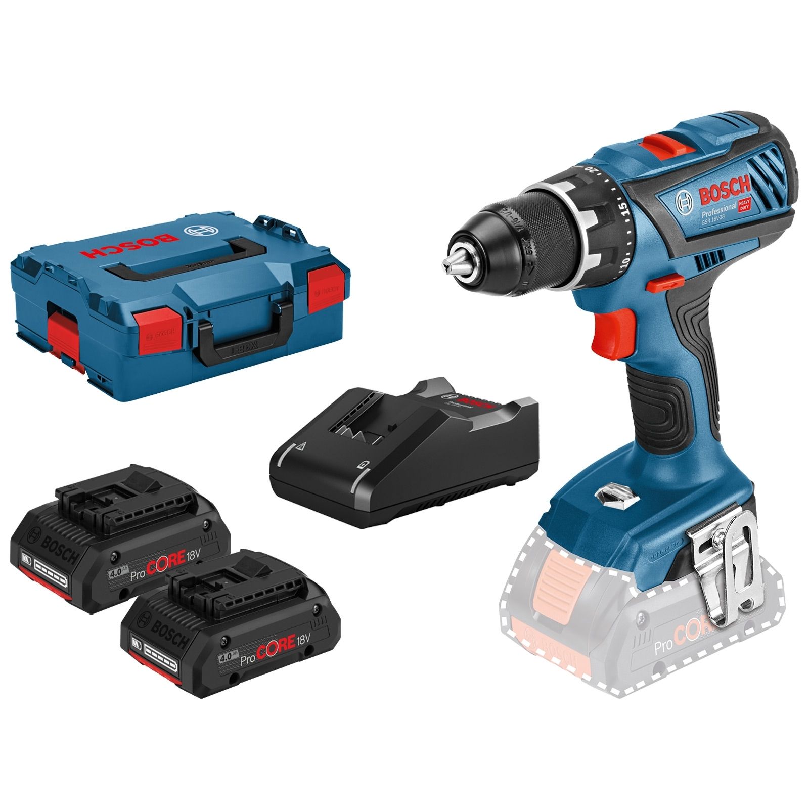 Bosch Akku-Bohrschrauber GSR 18V-28 / 2x 4,0 Ah ProCORE18V Akku + Ladegerät in L-Boxx