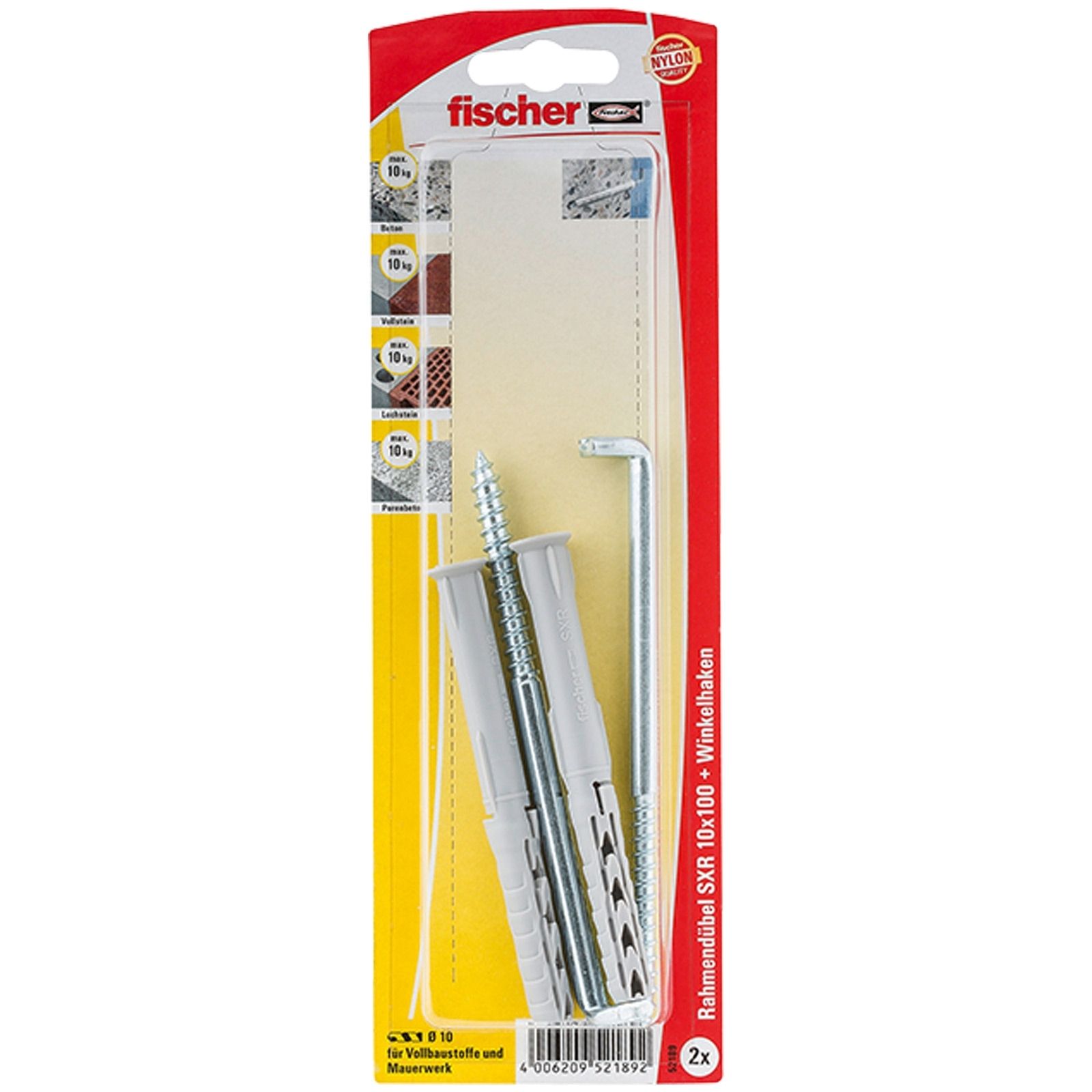 Fischer 2x Langschaftdübel SXR 10 x 100 WH mit Winkelhaken - 52189