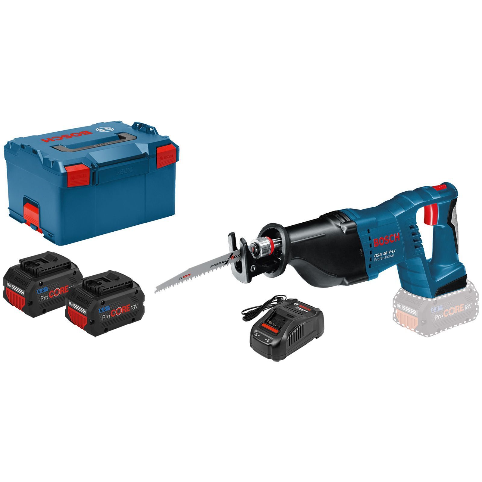 Bosch Akku-Säbelsäge GSA 18V-LI / 2x 5,5 Ah ProCORE18V Akku + Ladegerät in L-Boxx