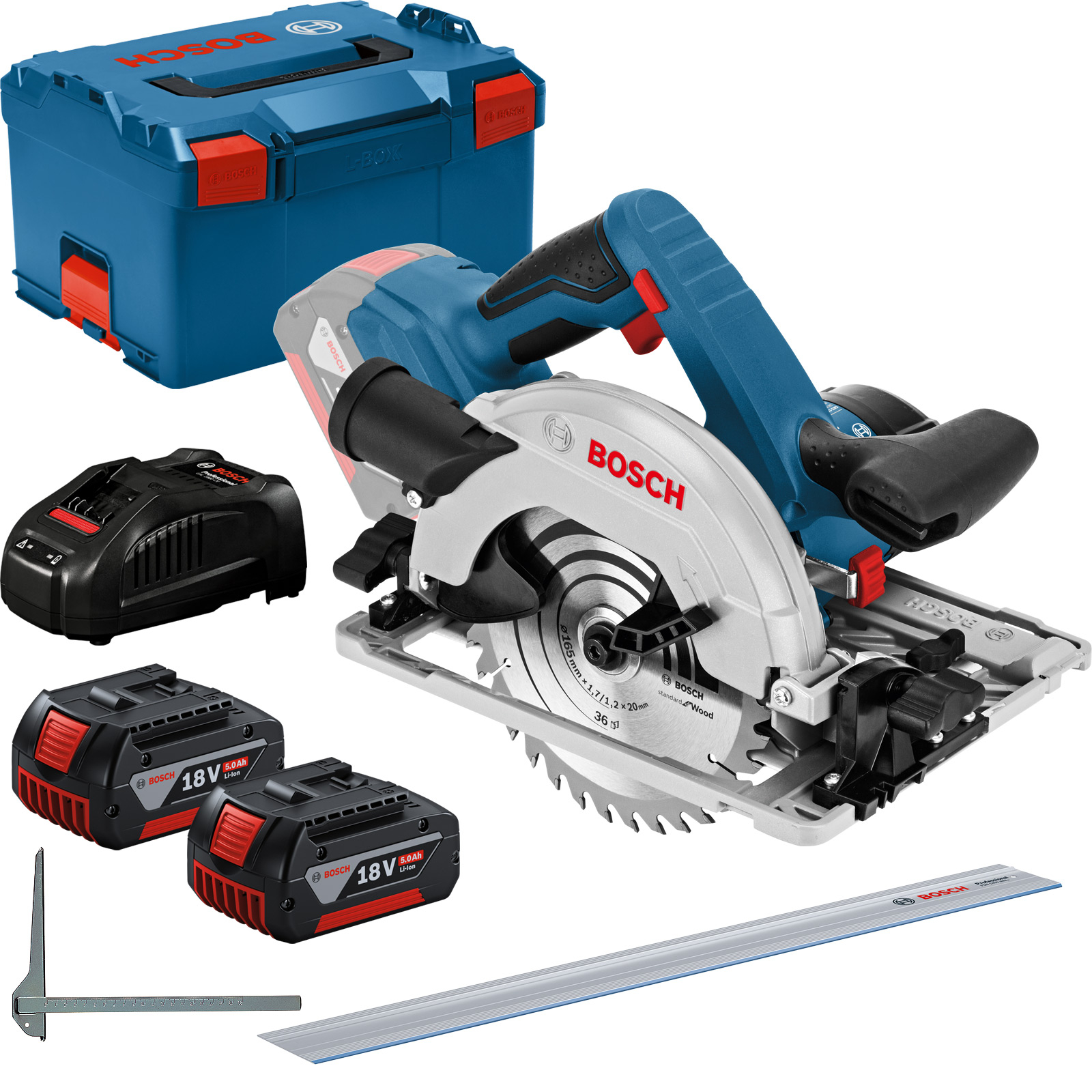 Bosch Akku-Handkreissäge GKS 18V-57 G Ø 165 mm / 2x 5,0 Ah Akku + Ladegerät + FSN 1400 in L-Boxx - 0615990M90