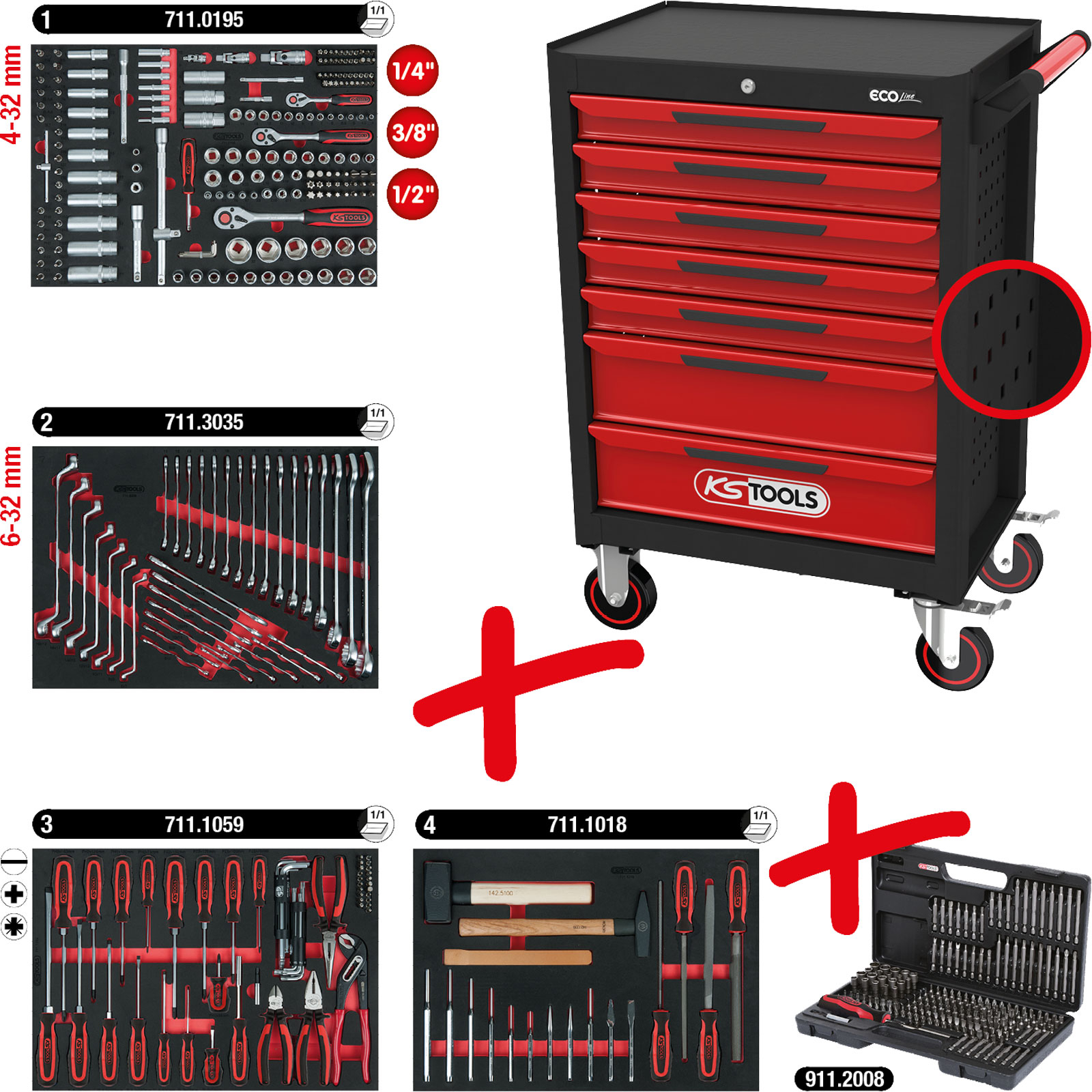 KS TOOLS ECOline SCHWARZ/ROT Werkstattwagen mit 7 Schubladen und 515 Premium-Werkzeugen - 897.7515