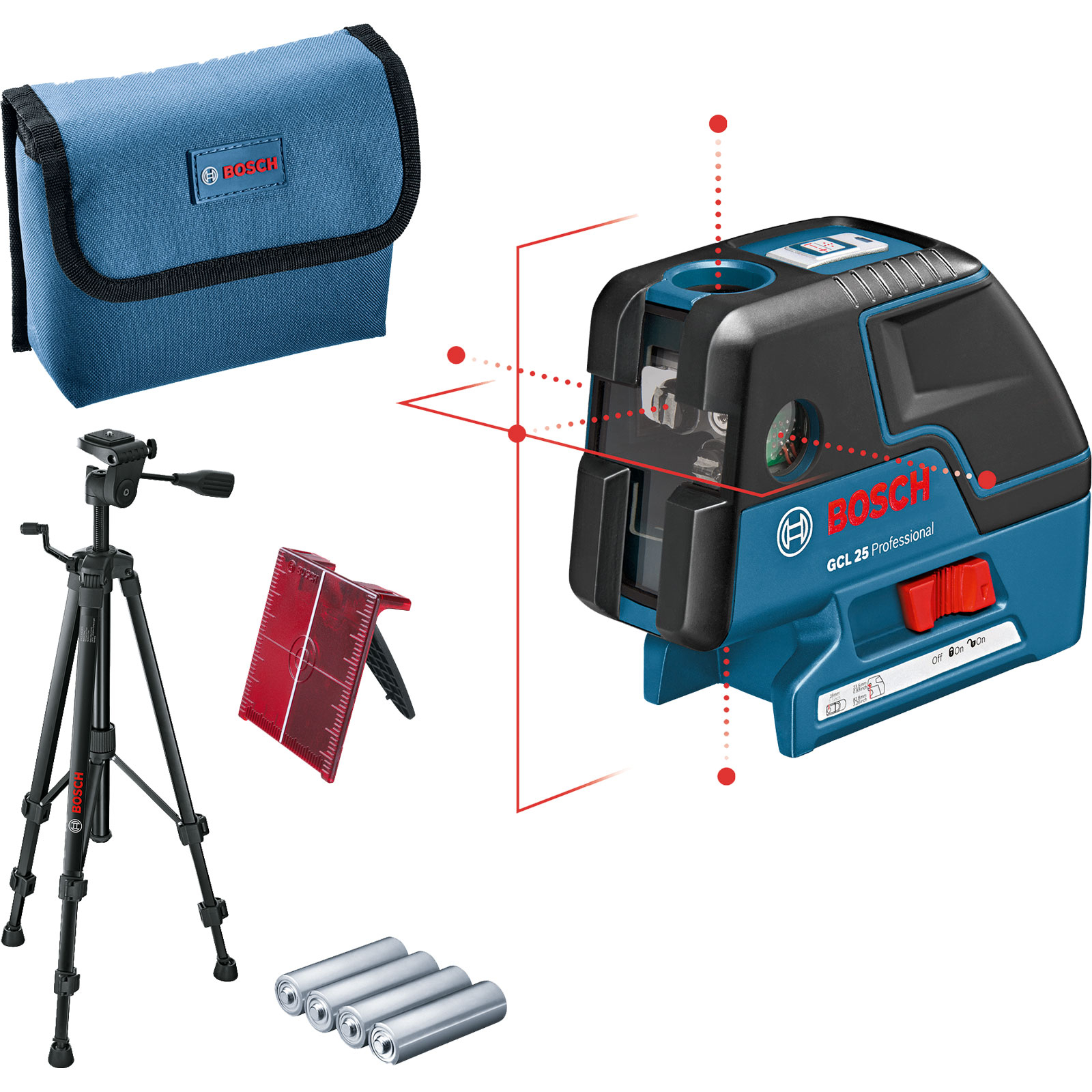 Bosch Kombilaser GCL 25 / 4x 1,5 V-LR6-Batterie inkl. BT 150 + Laserzieltafel in Tasche - 0601066B01