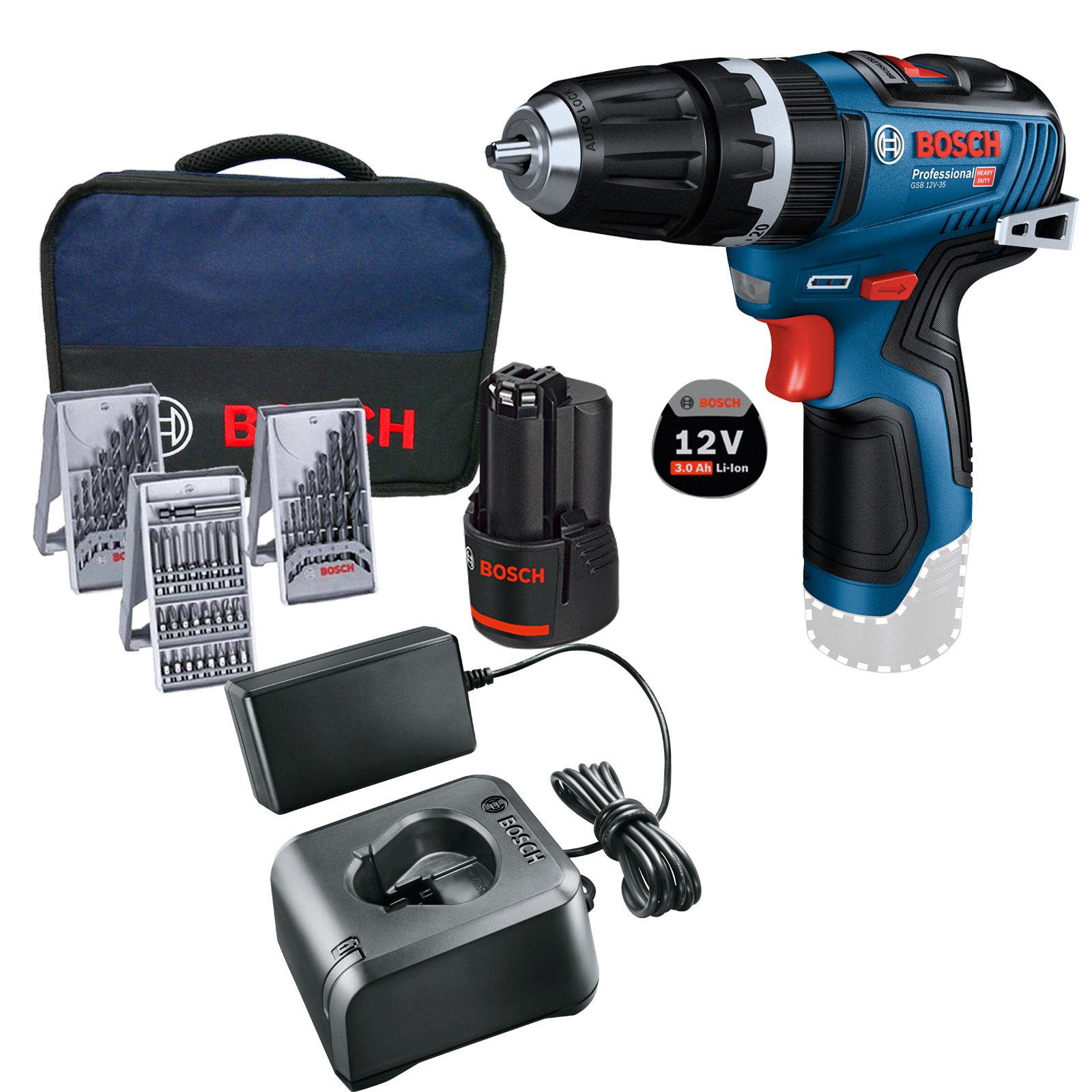 Bosch Akku-Schlagbohrmaschine GSB 12V-35 / 1x 3,0 Ah Akku + Ladegerät inkl. Zubehör-Set im Softbag